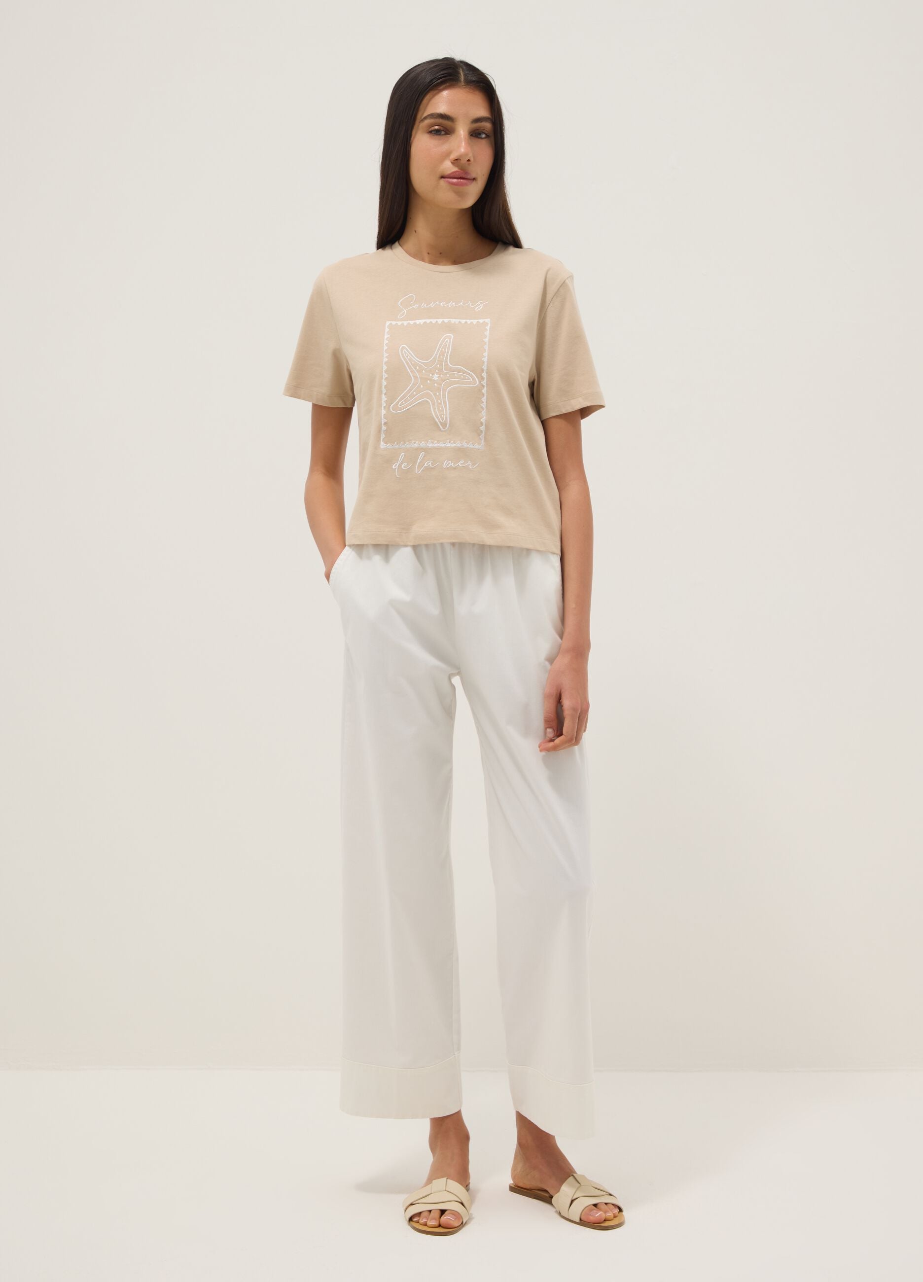 Beige pure cotton regular fit t-shirt with embroidery
