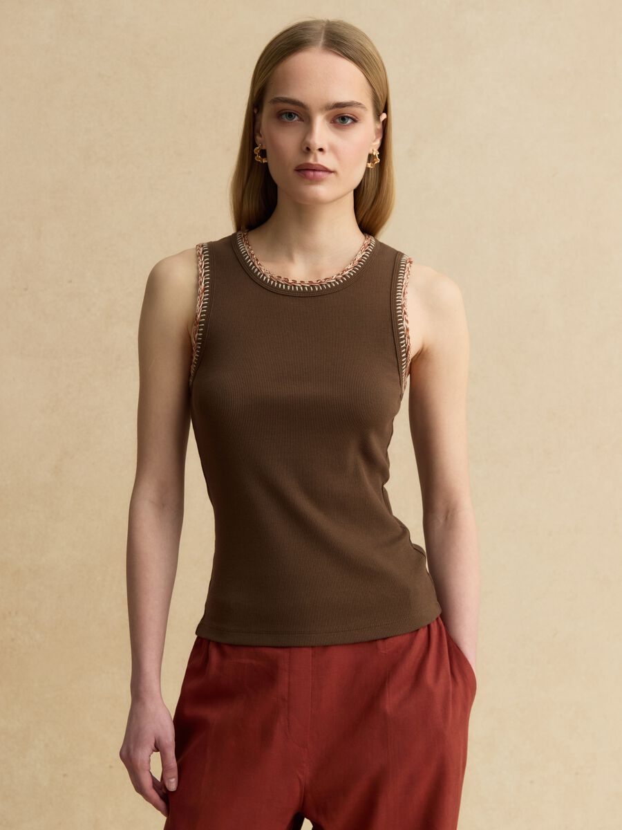 Brown Stretch Cotton Tank Top with Regular Fit and Embroidered Edges_1
