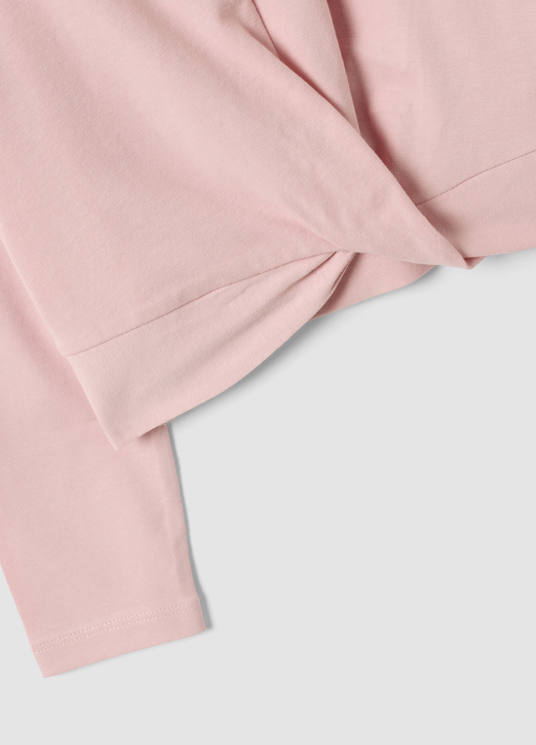 Pink stretch cotton T-shirt with front knot and print for girls