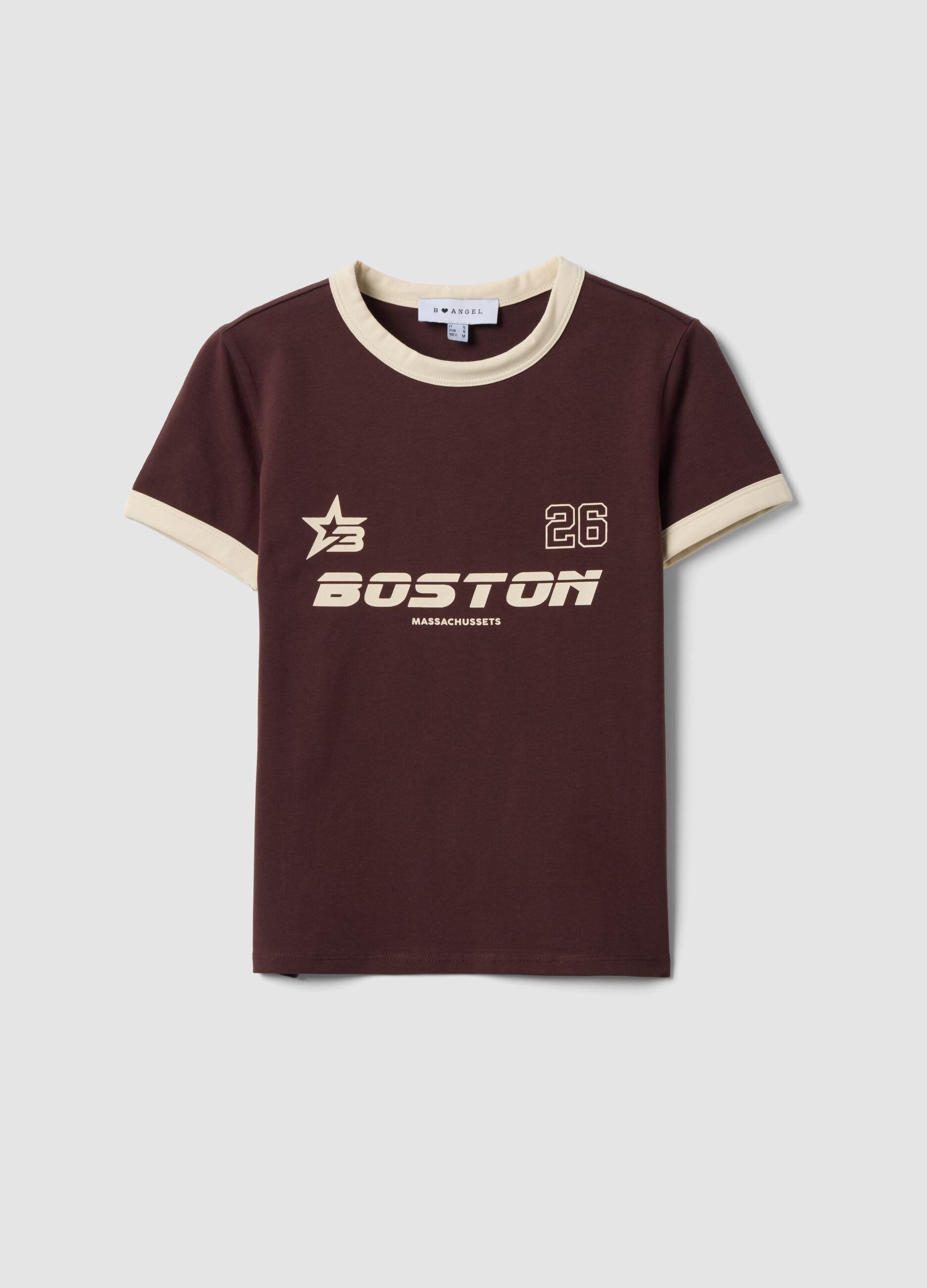 Brown cotton T-shirt with front graphic print and contrast trims