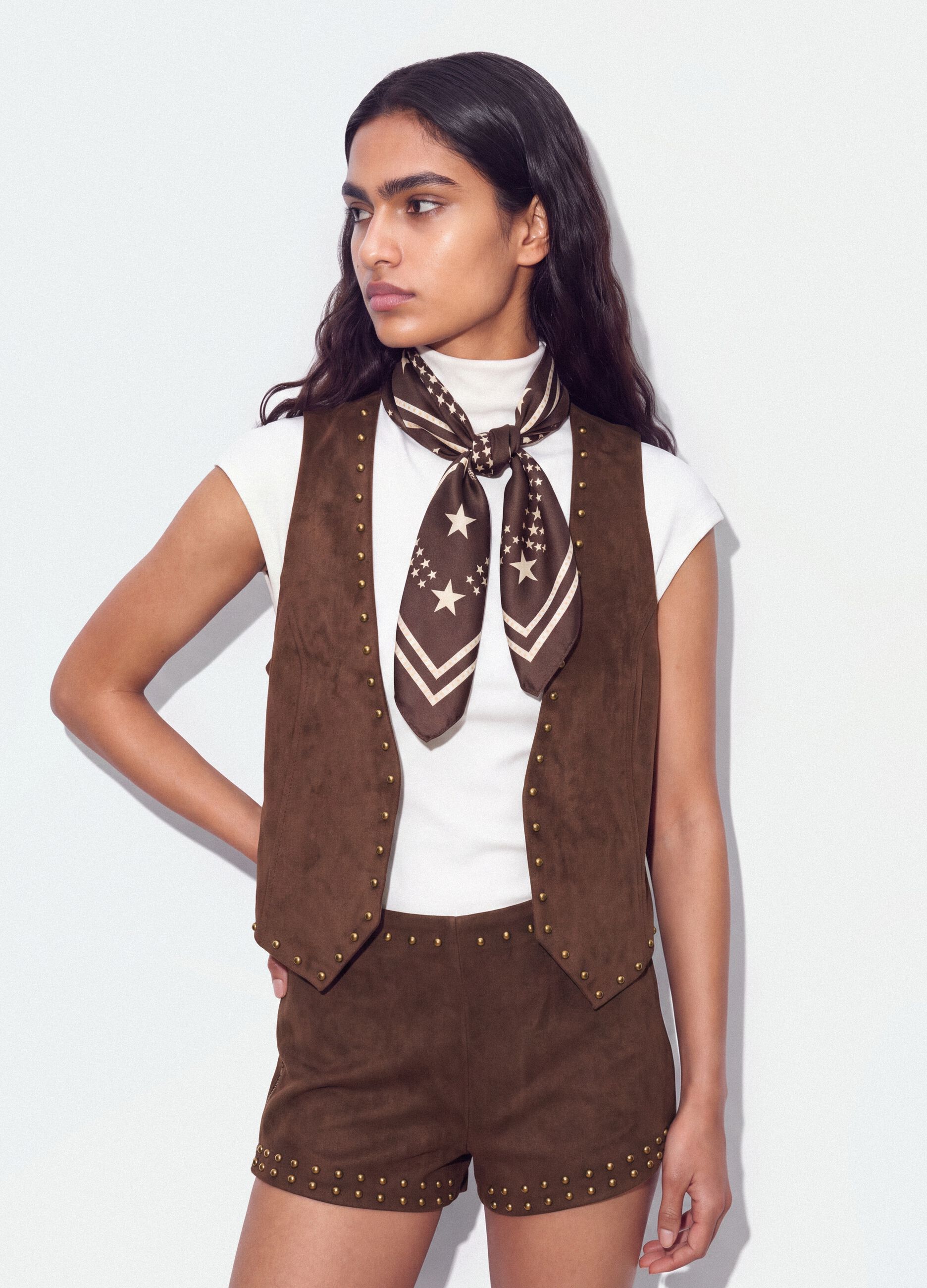 Brown stretch fabric gilet with studs, regular fit