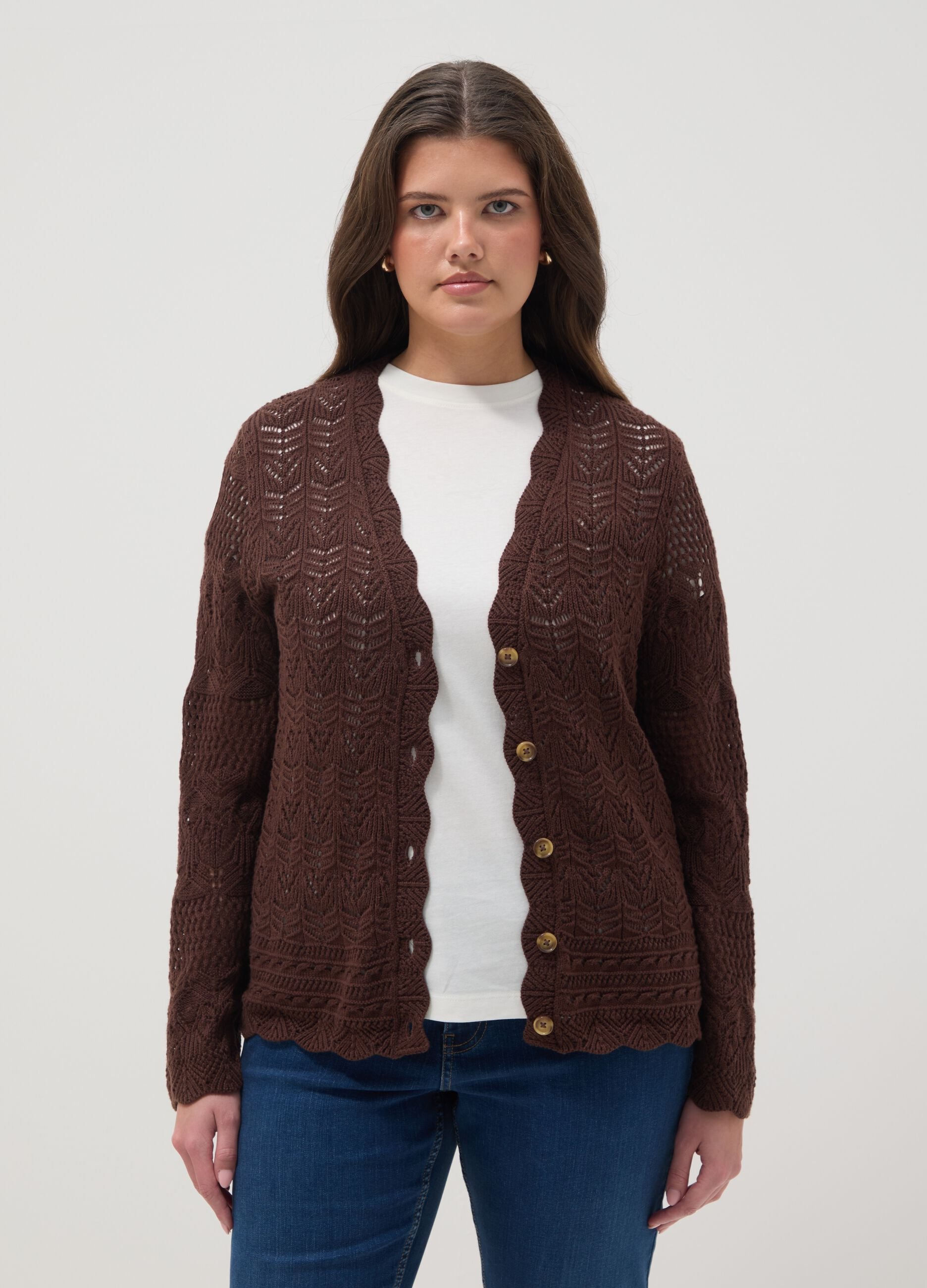 Brown pure cotton cardigan regular fit with lace pattern