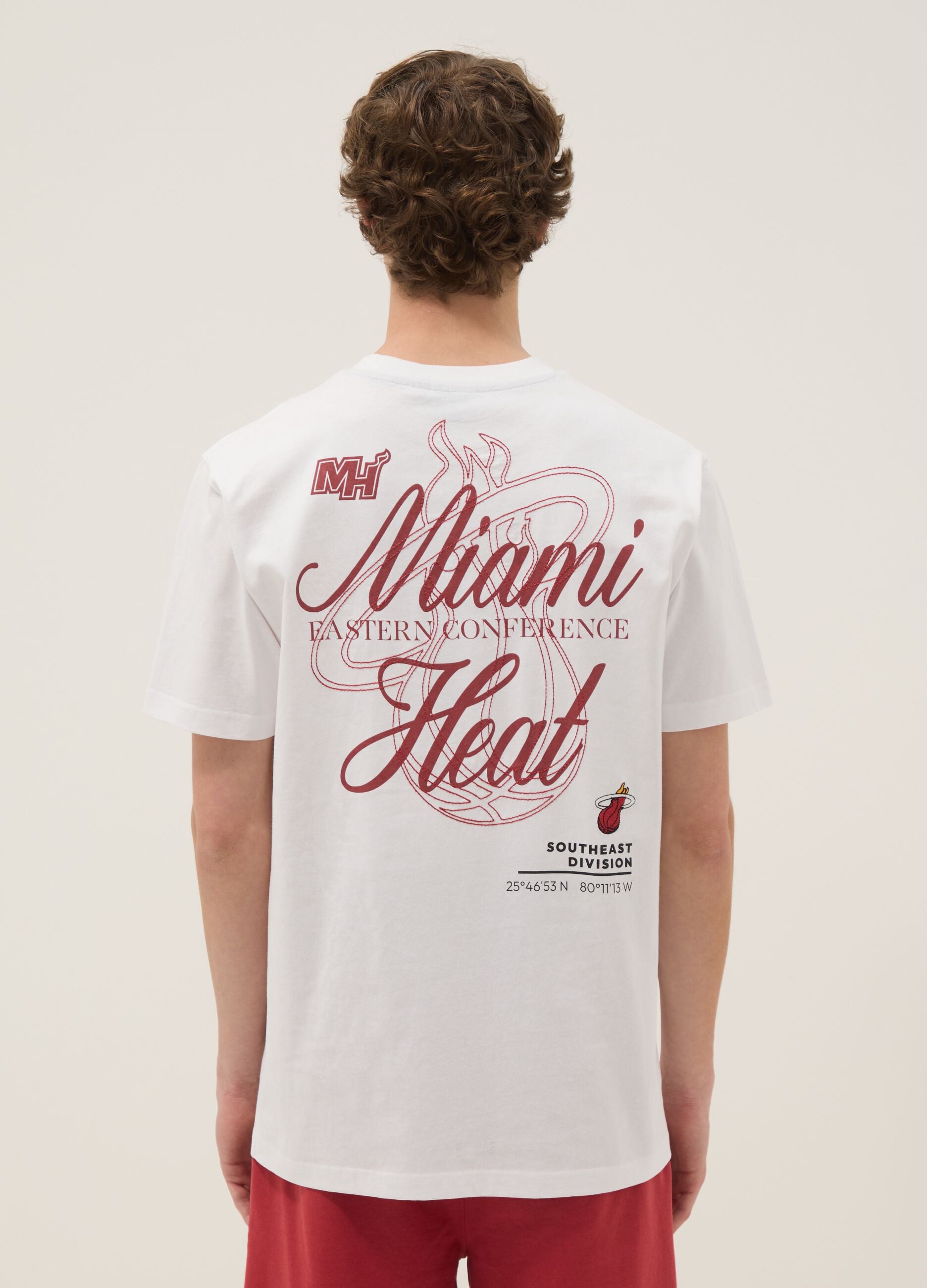 White pure cotton T-shirt with embroidered Miami Heat logo