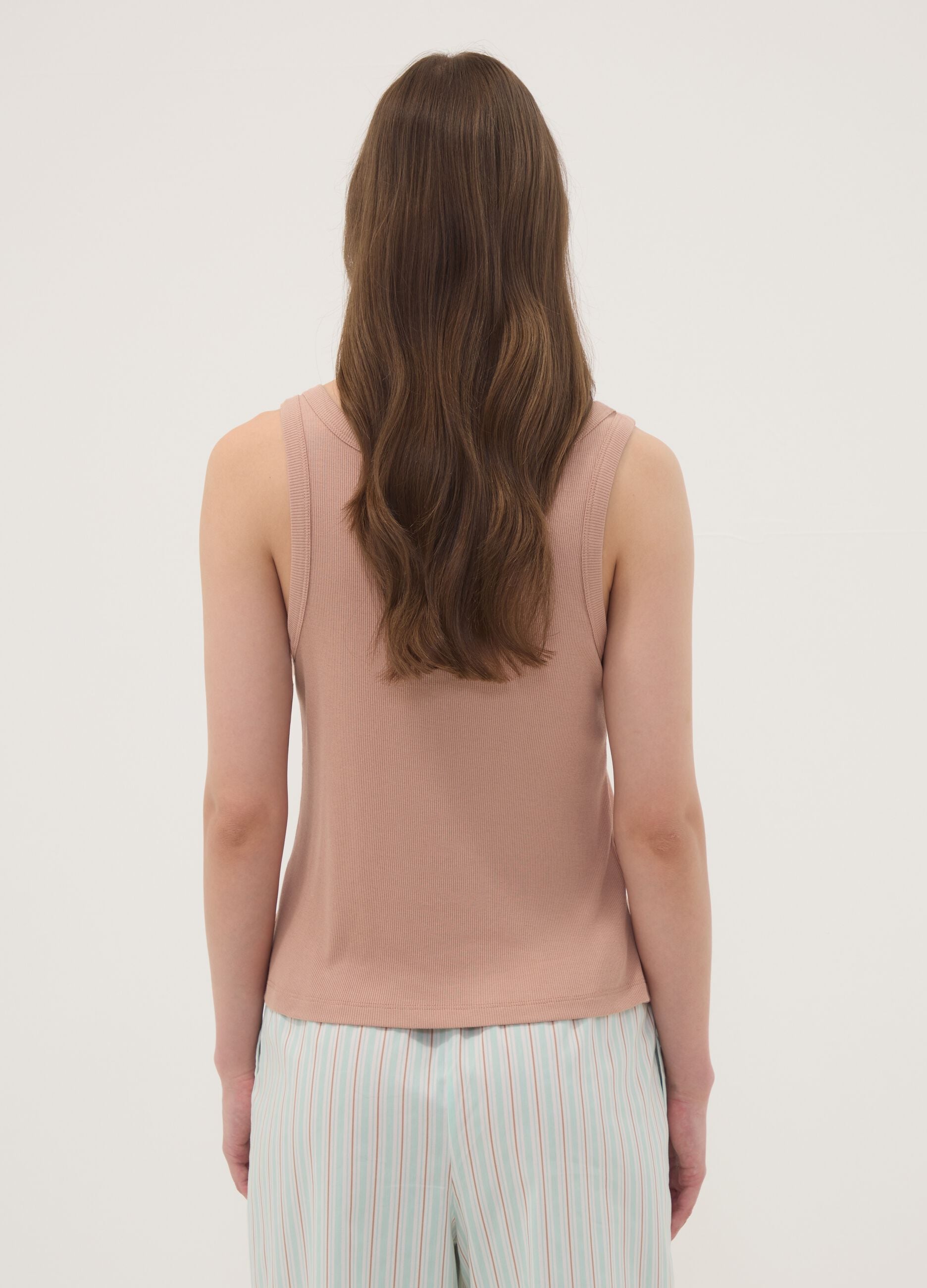 Beige ribbed cotton and viscose blend henley vest top