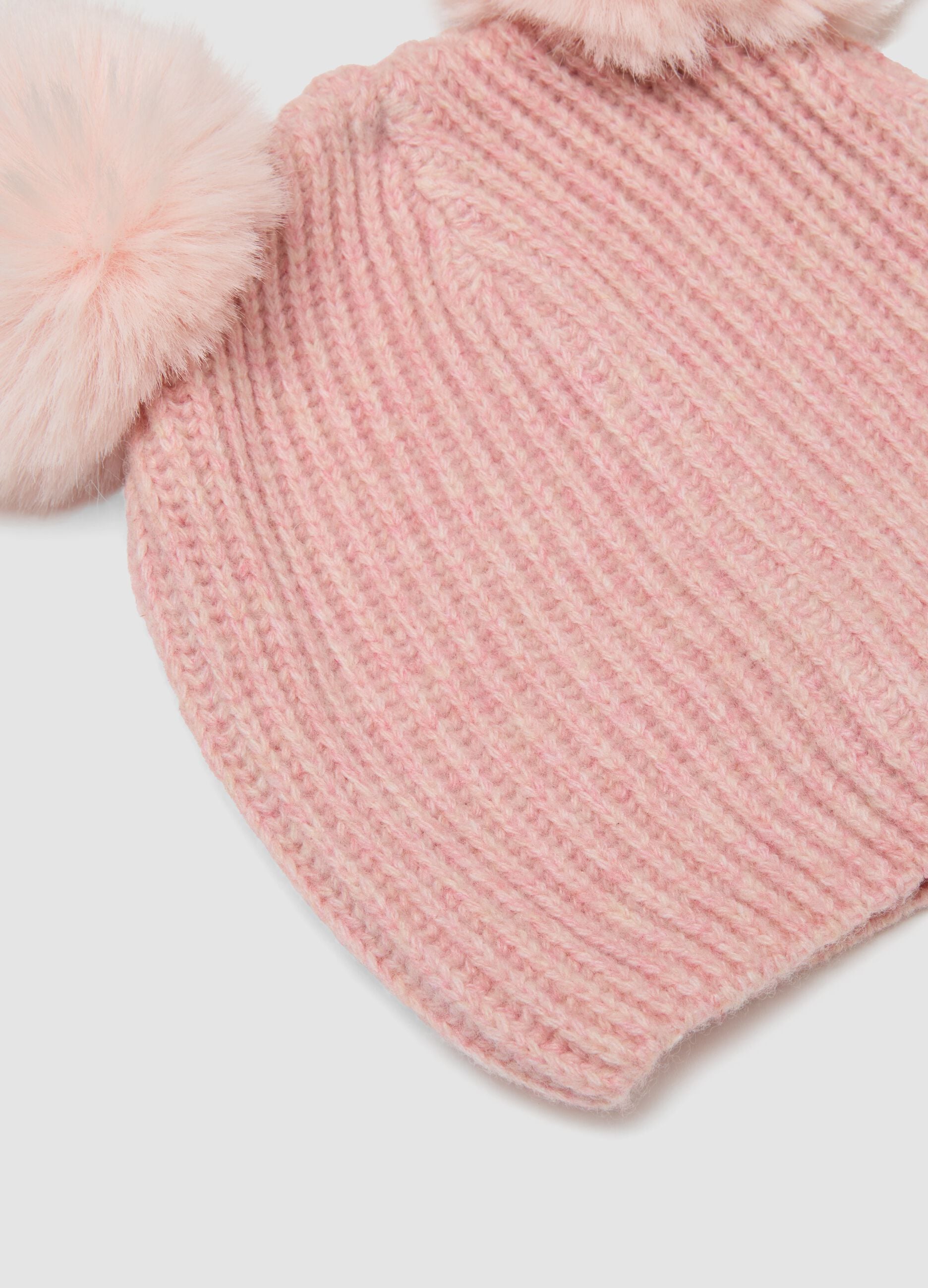 Pink ribbed wool-blend hat with two pom-poms