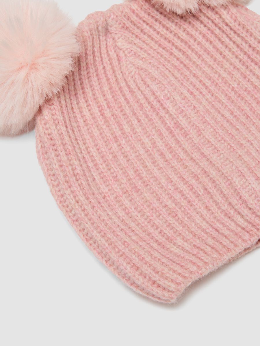 Pink ribbed wool-blend hat with two pom-poms_1