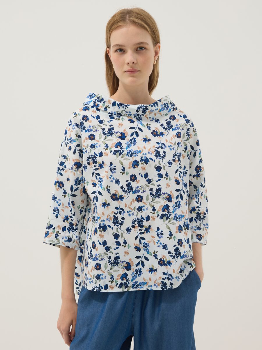 White floral stretch cotton blouse_0