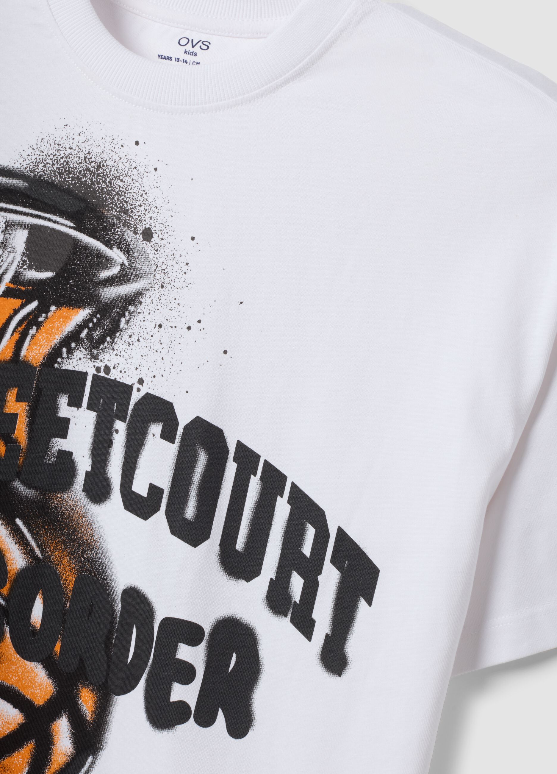 White pure cotton oversized T-shirt with basketball graphic print for boys