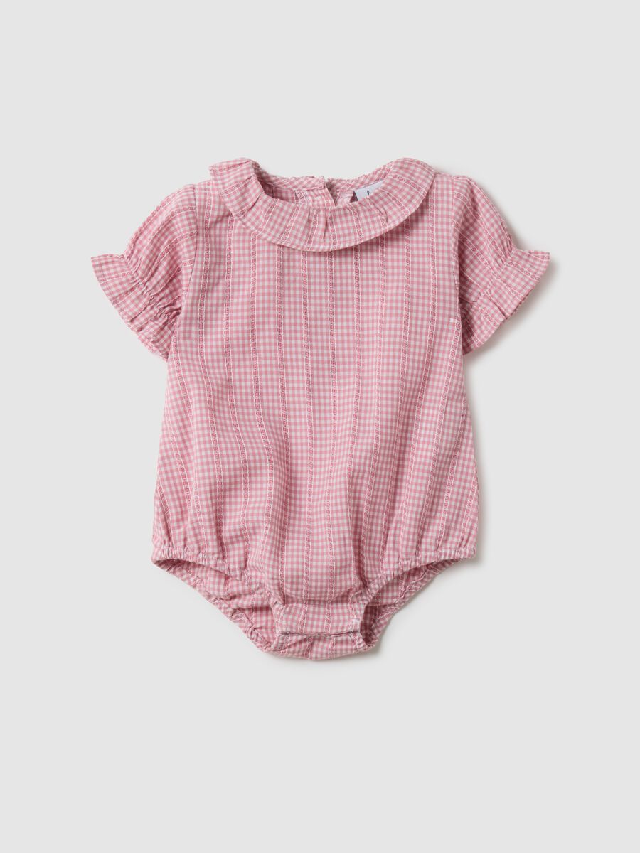 Multicoloured check cotton bodysuit for baby girls with ruffle collar_0