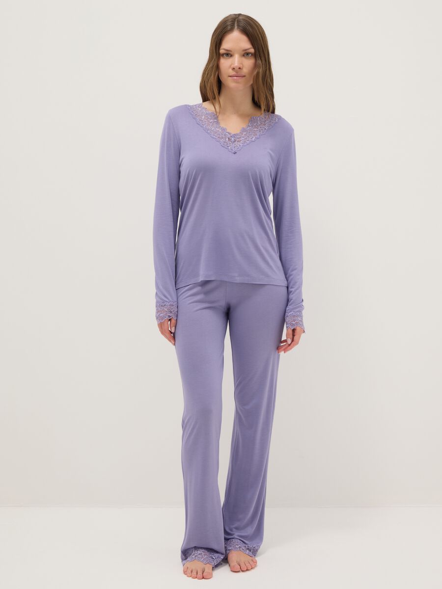 Pantaloni pigiama viola regular fit con dettagli in pizzo_0