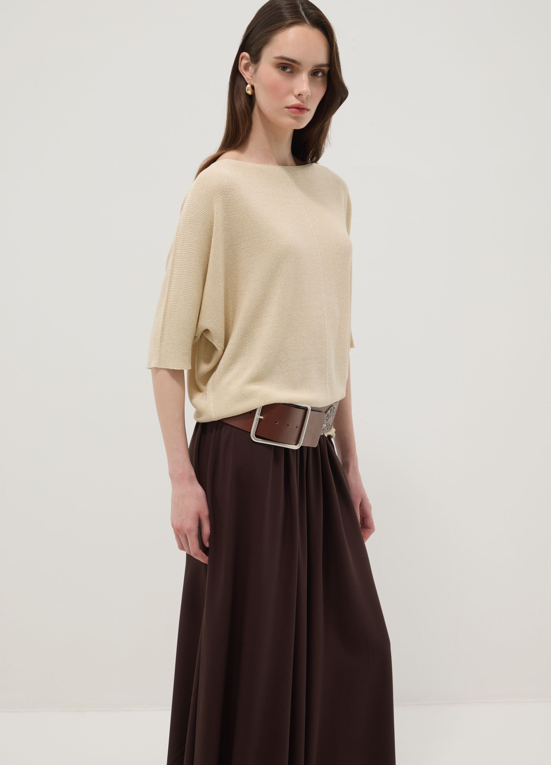 Wide brown pure viscose trousers with elasticated waist, regular fit