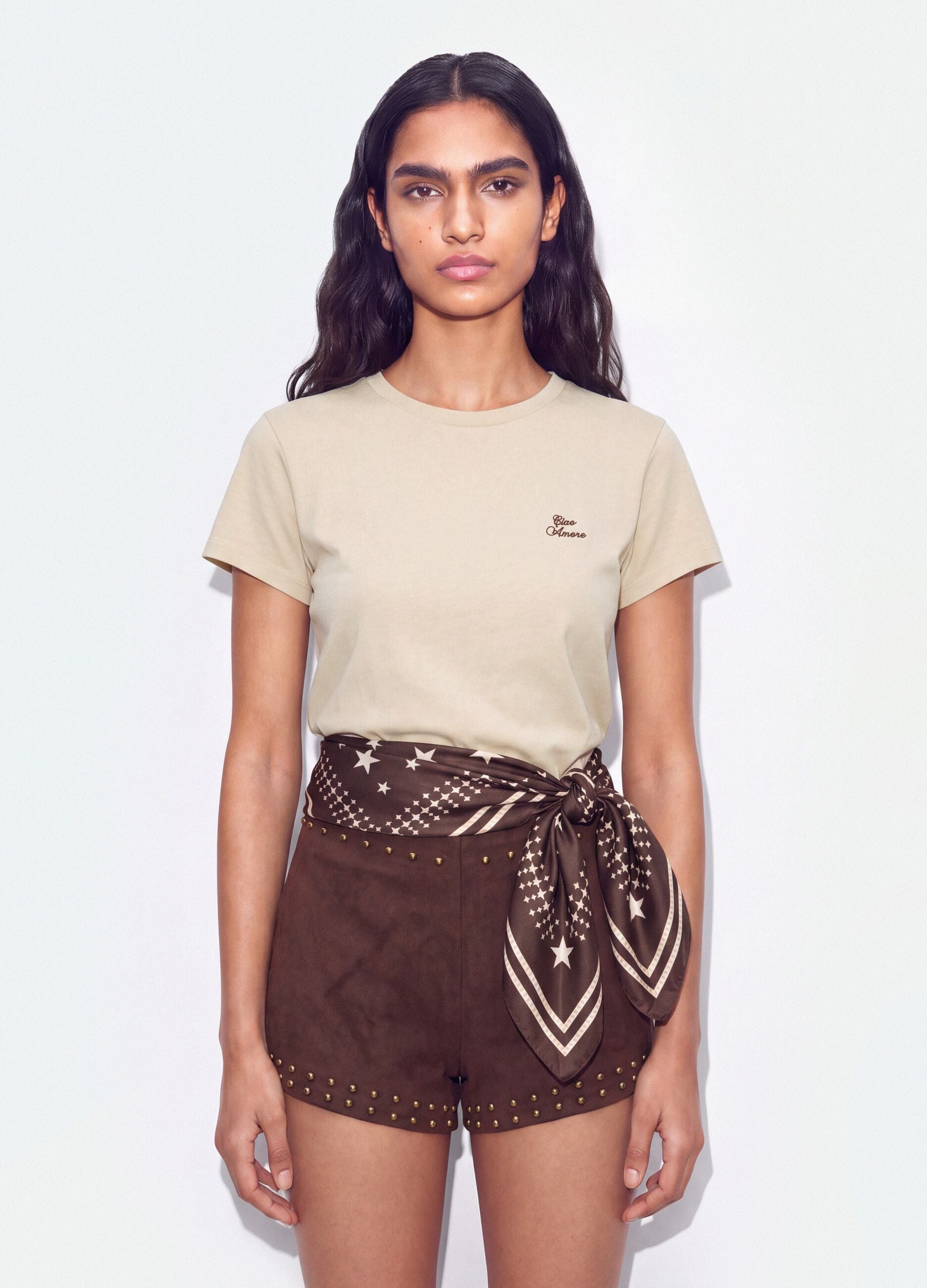 Beige cropped pure cotton crew-neck T-shirt with print