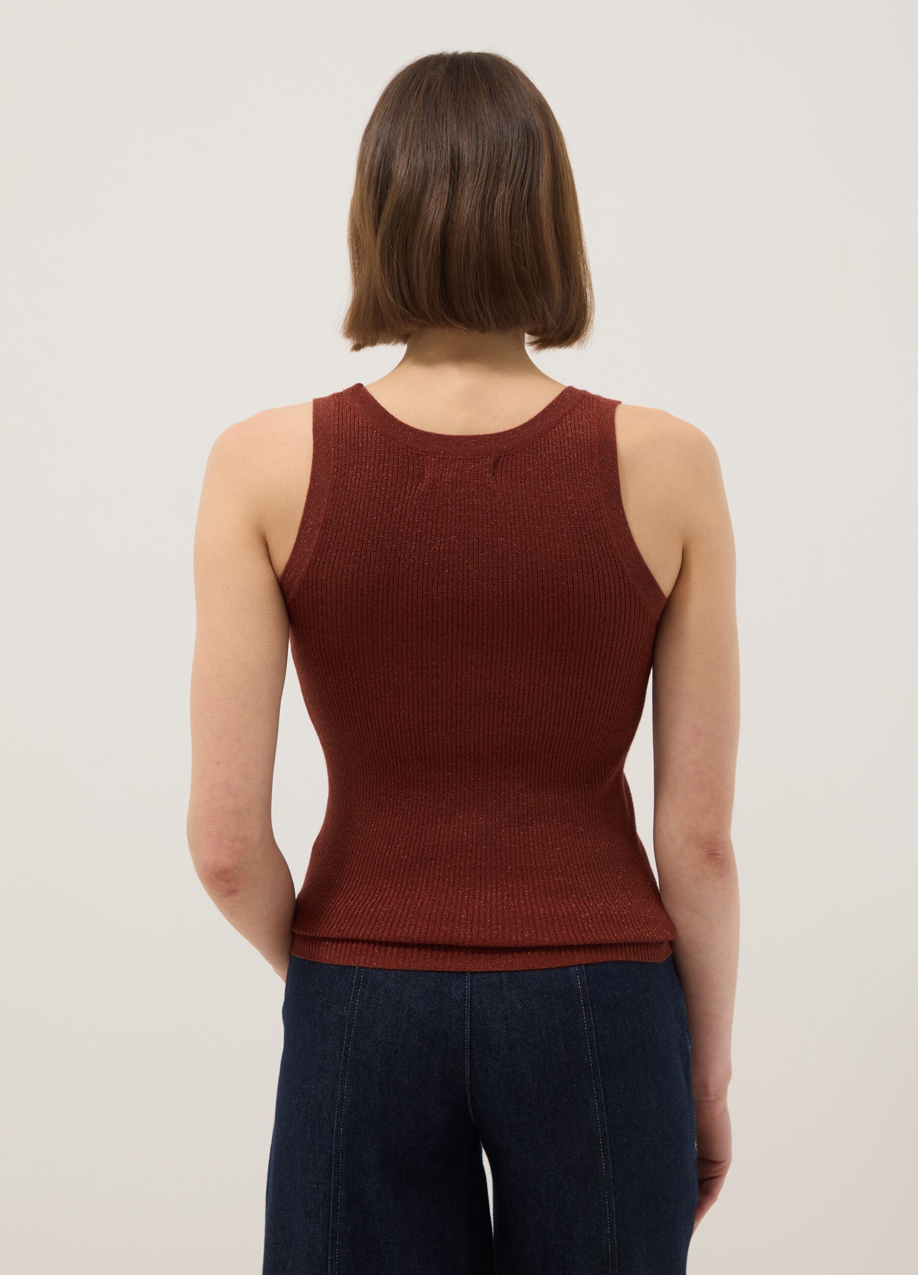 Brown viscose blend fitted tank top