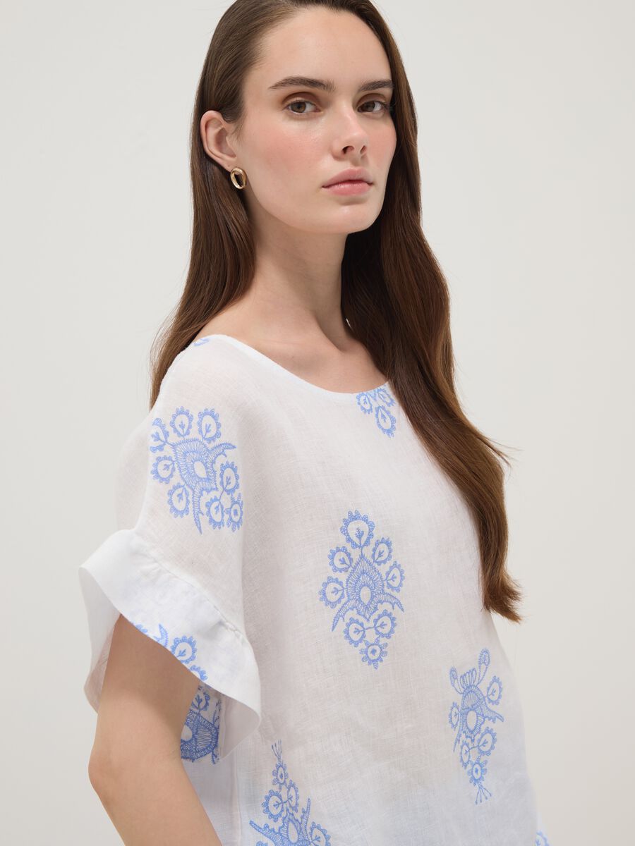 White pure linen blouse with embroidery and ruffle sleeves, regular fit_1