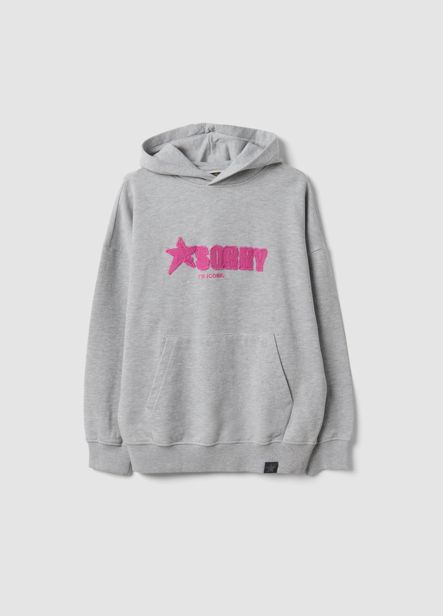 Grey oversized hooded sweatshirt in cotton blend with &ldquo;Sorry&rdquo; embroidery for girls