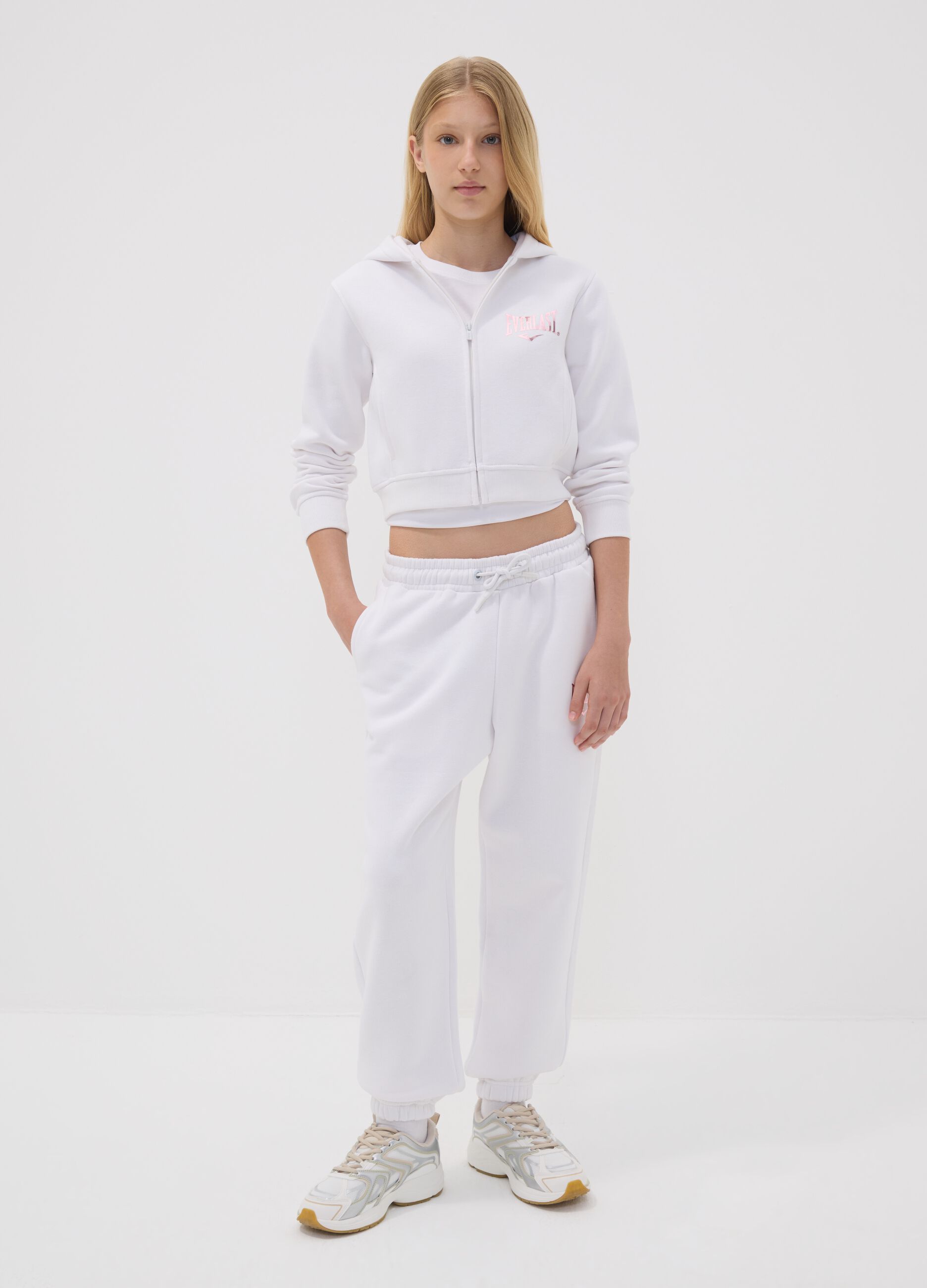 White cotton-blend girls&rsquo; joggers, regular fit