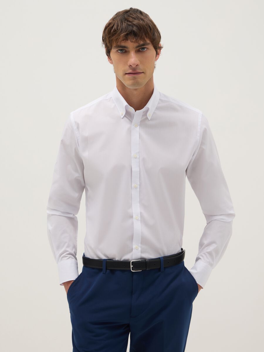White cotton blend slim fit shirt_0