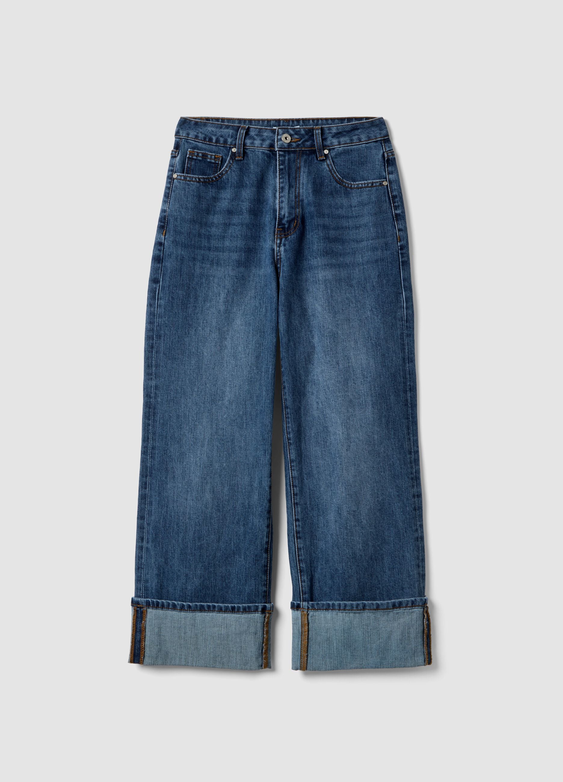 Blue regular fit cotton blend denim trousers