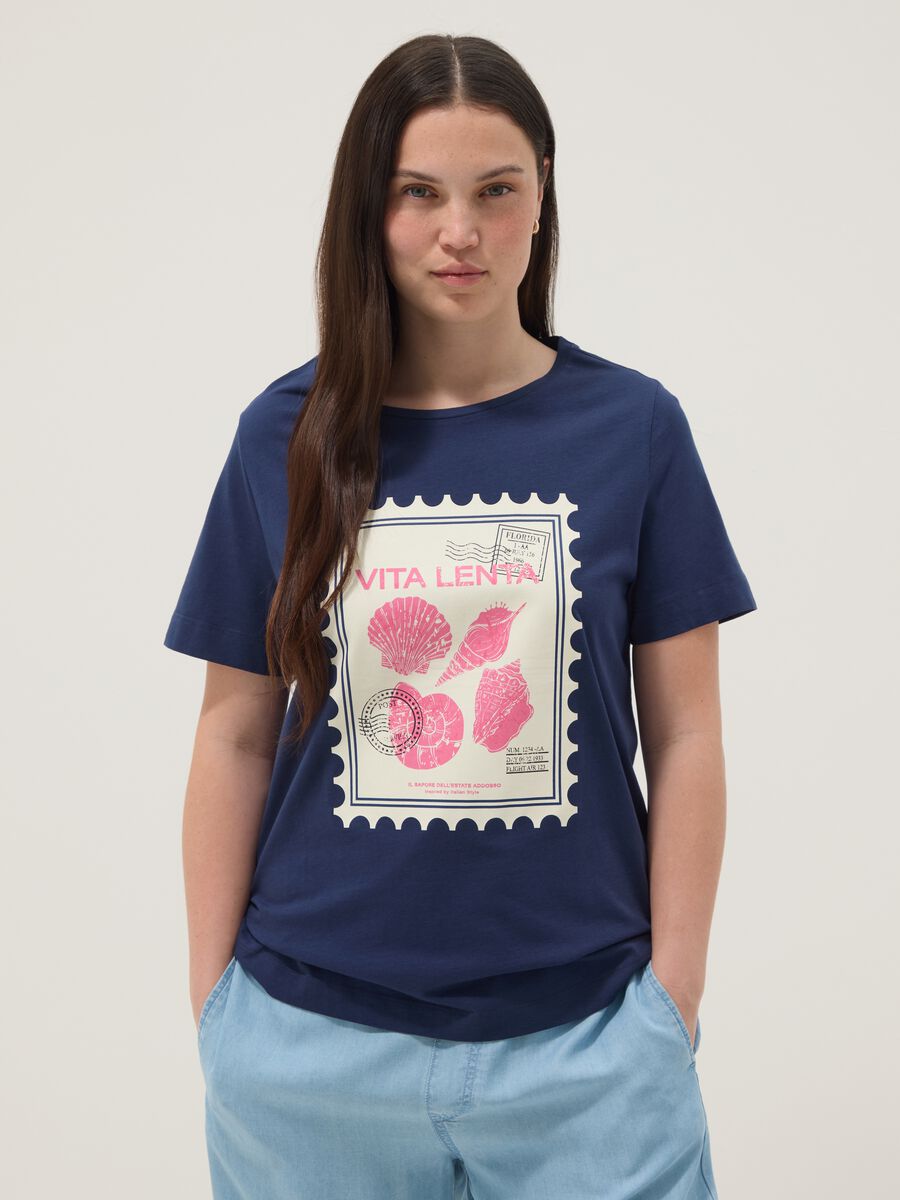 Blue pure cotton T-shirt with print, regular fit_3