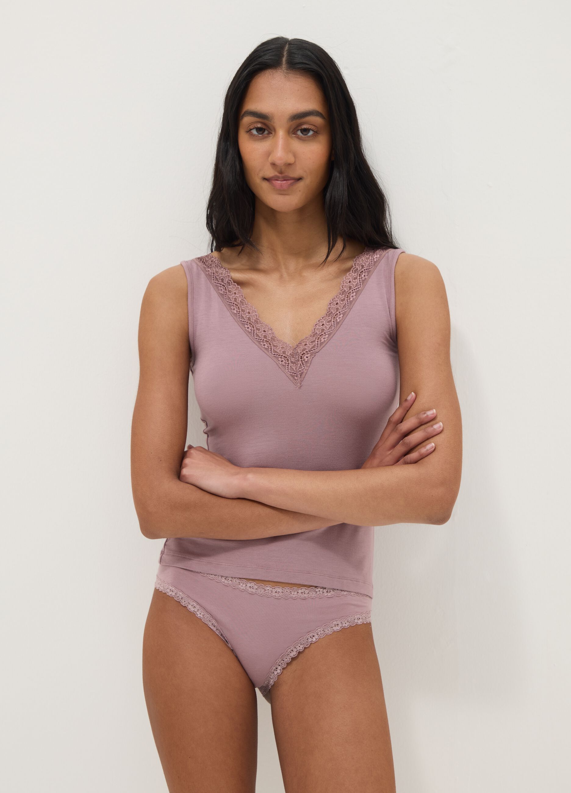 Pink stretch viscose regular fit deep V vest with lace