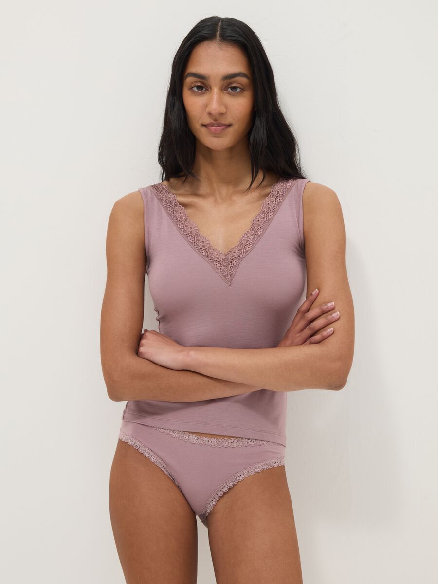 Pink stretch viscose regular fit deep V vest with lace_0