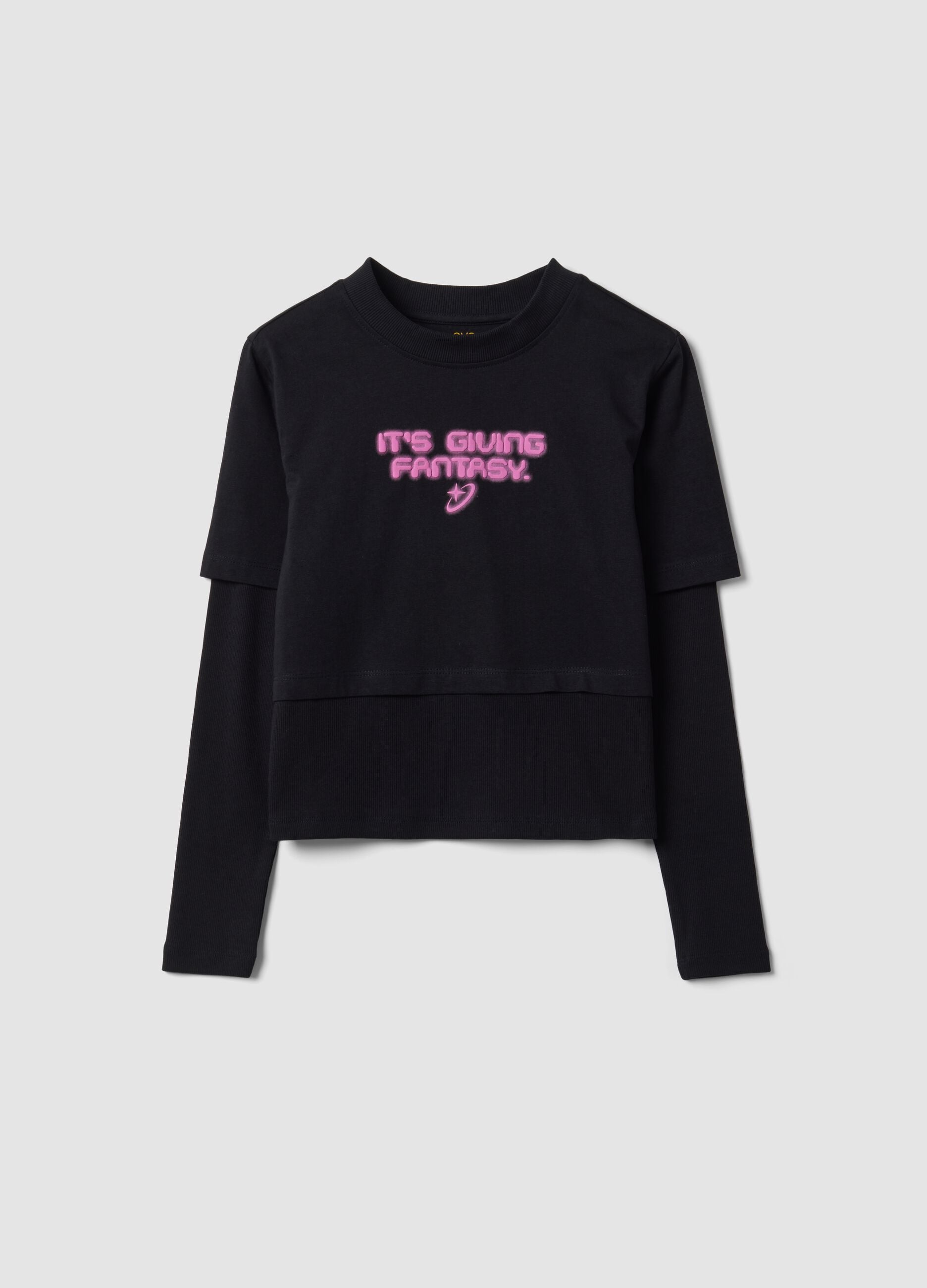 Black pure cotton T-shirt with ribbed crew neck and boxy fit print
