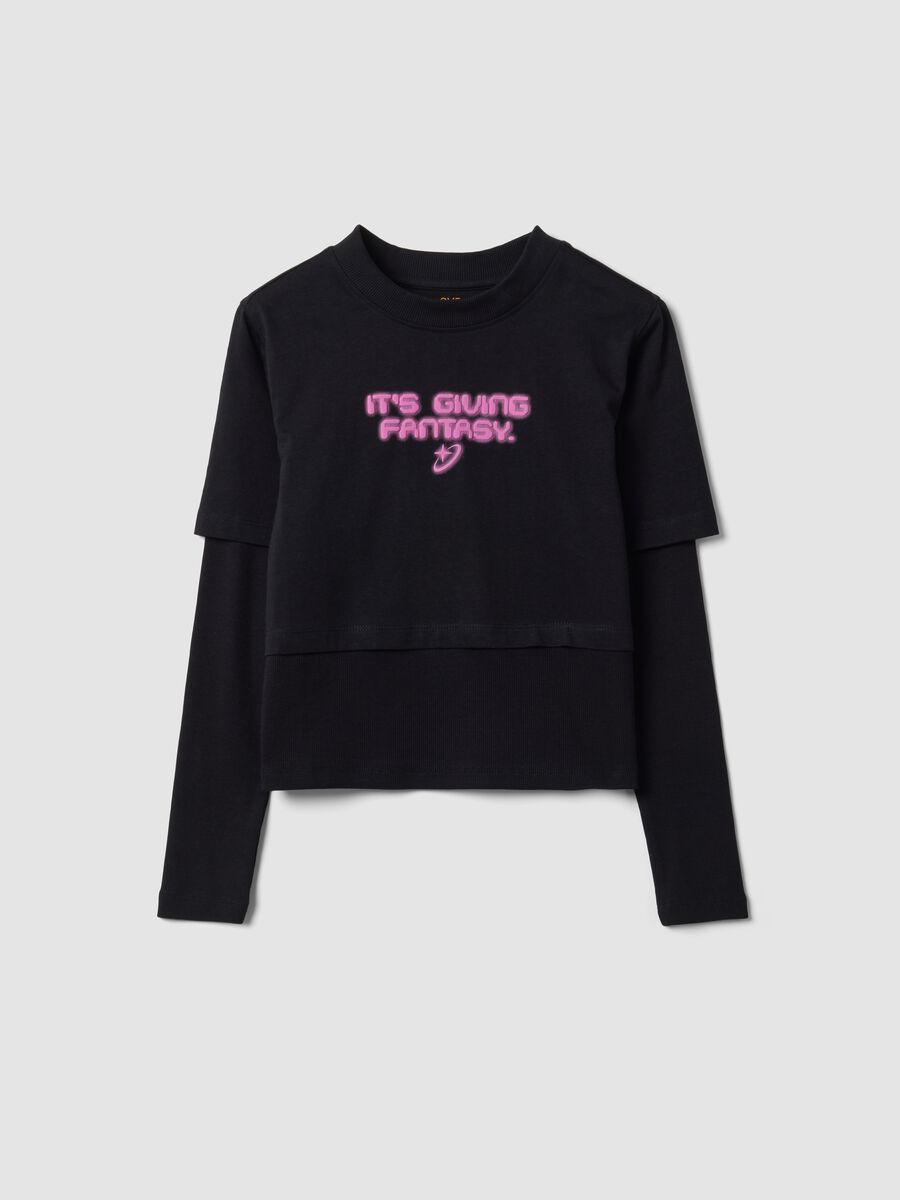 Black pure cotton T-shirt with ribbed crew neck and boxy fit print_0