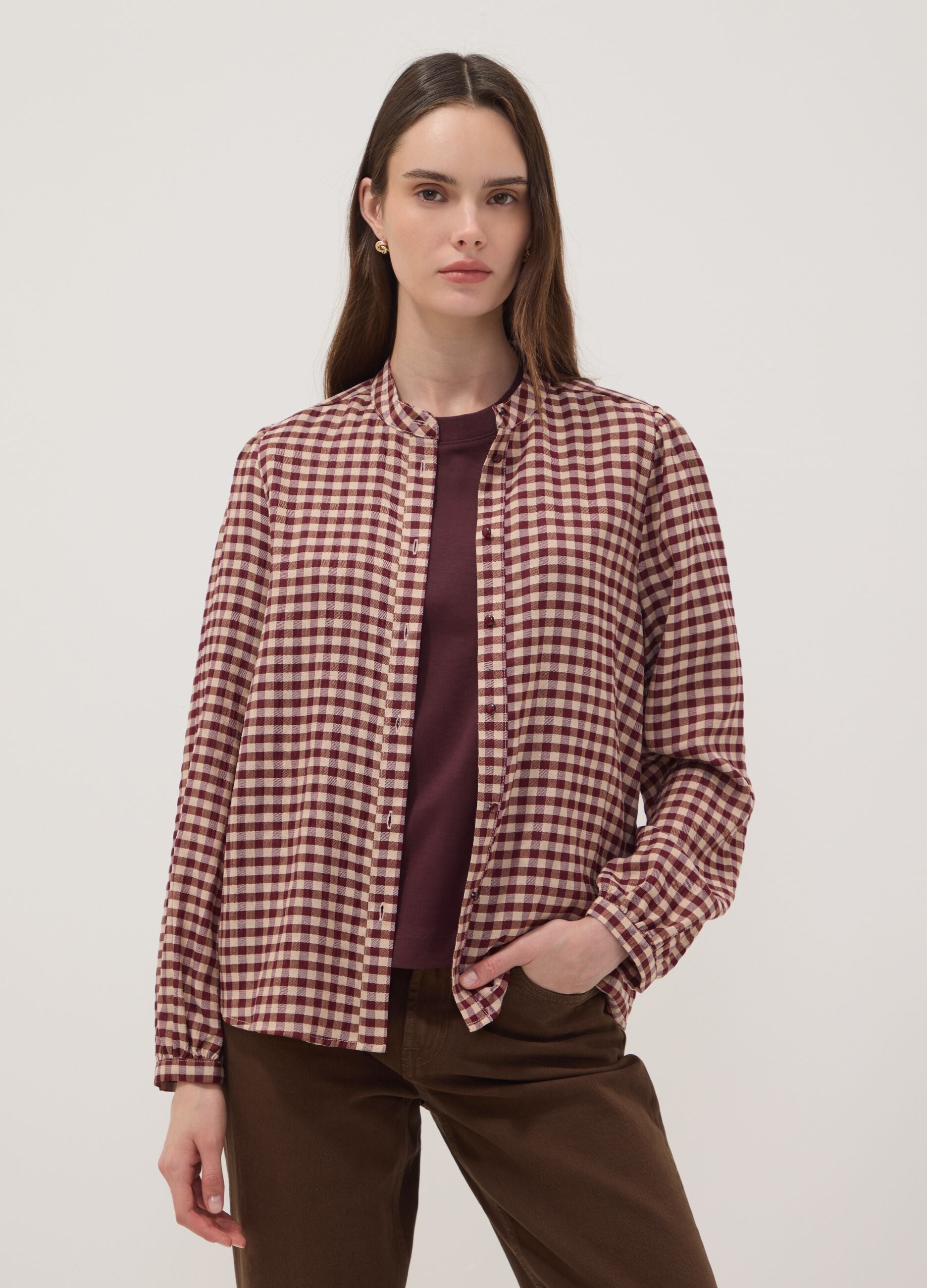 White checked stretch viscose shirt with mandarin collar