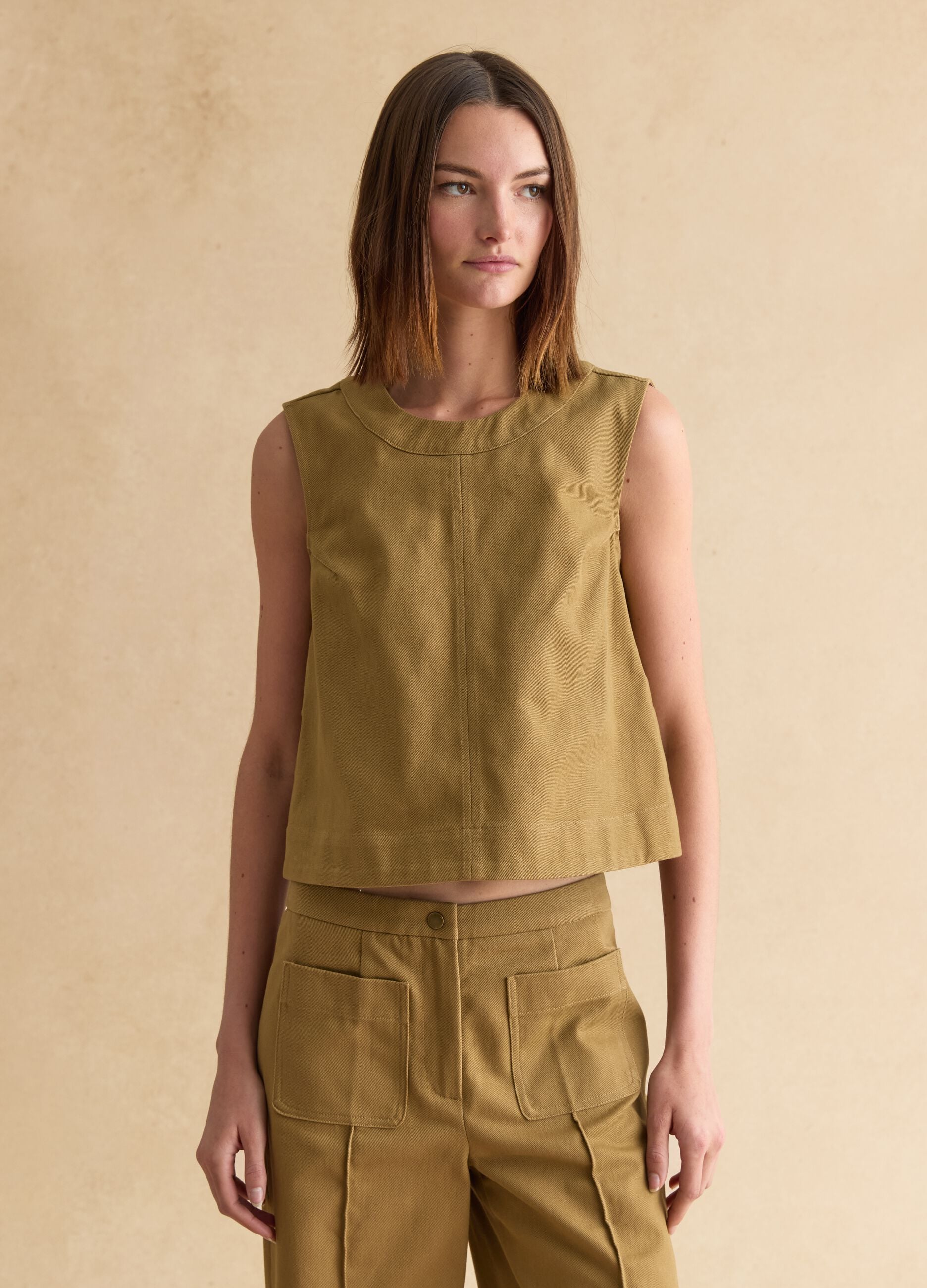 Brown Denim Sleeveless Blazer in Pure Cotton Regular Fit