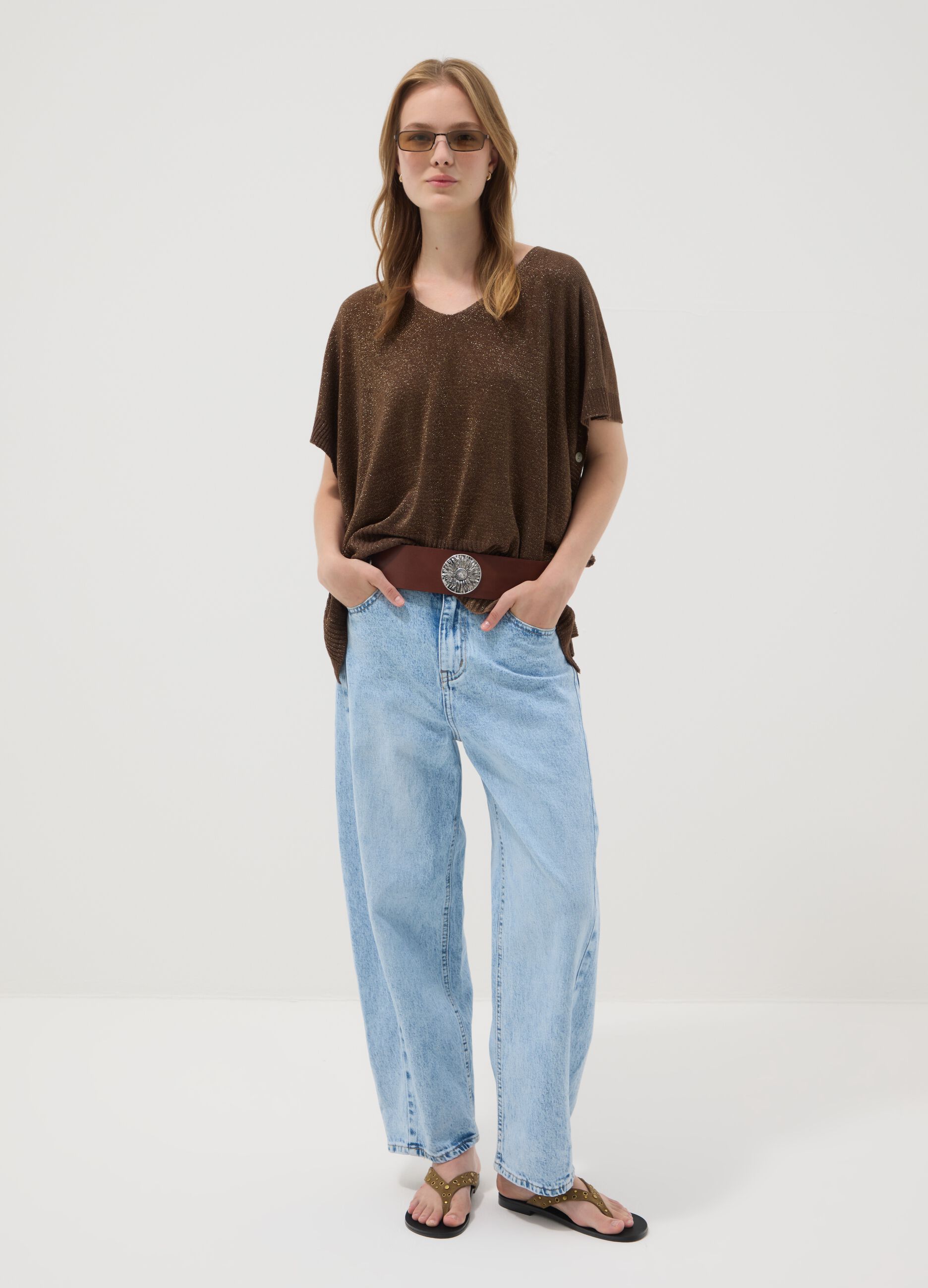 Brown modal-blend V-neck knit top