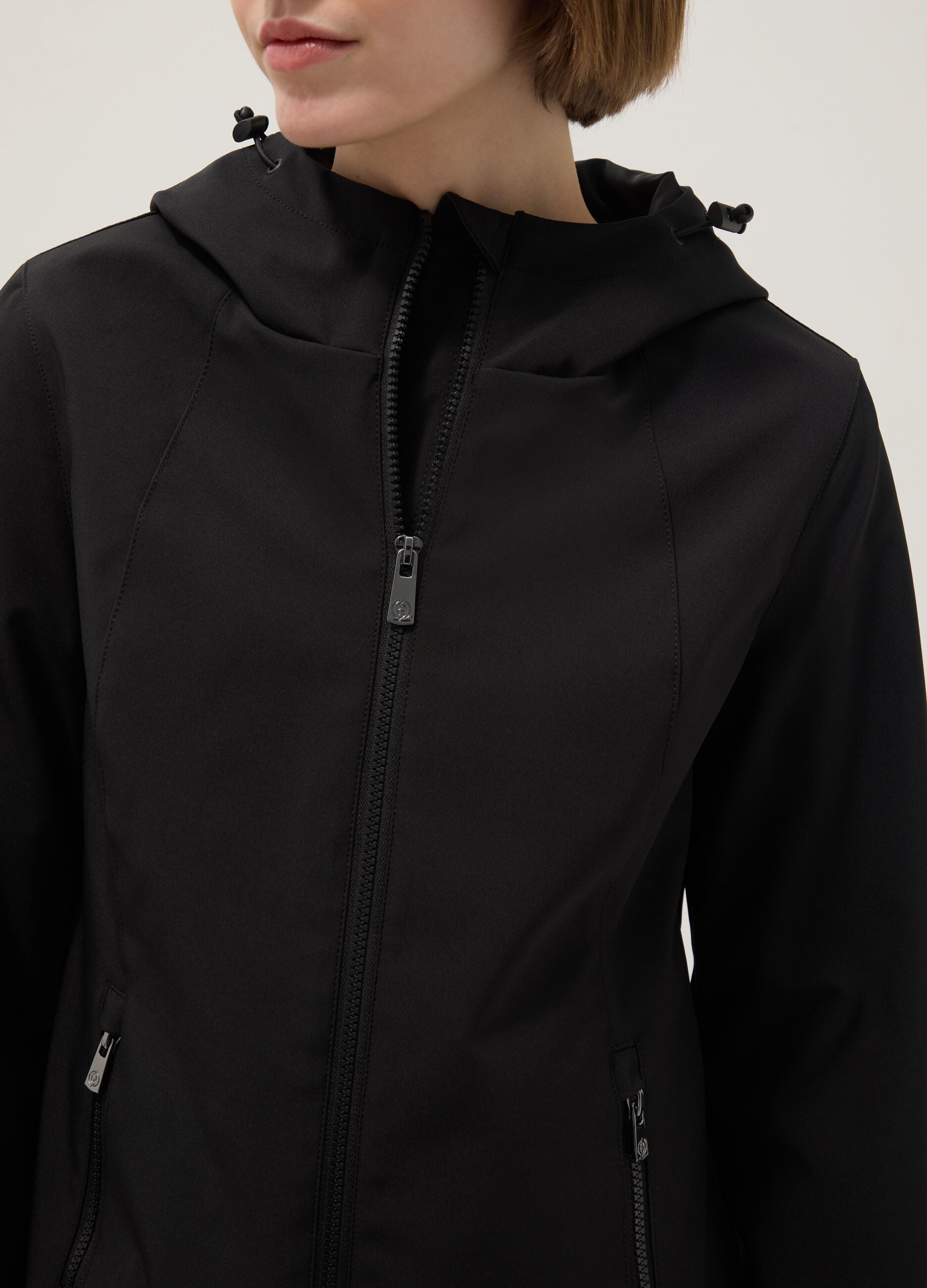 Black regular fit waterproof jacket with zip and hood