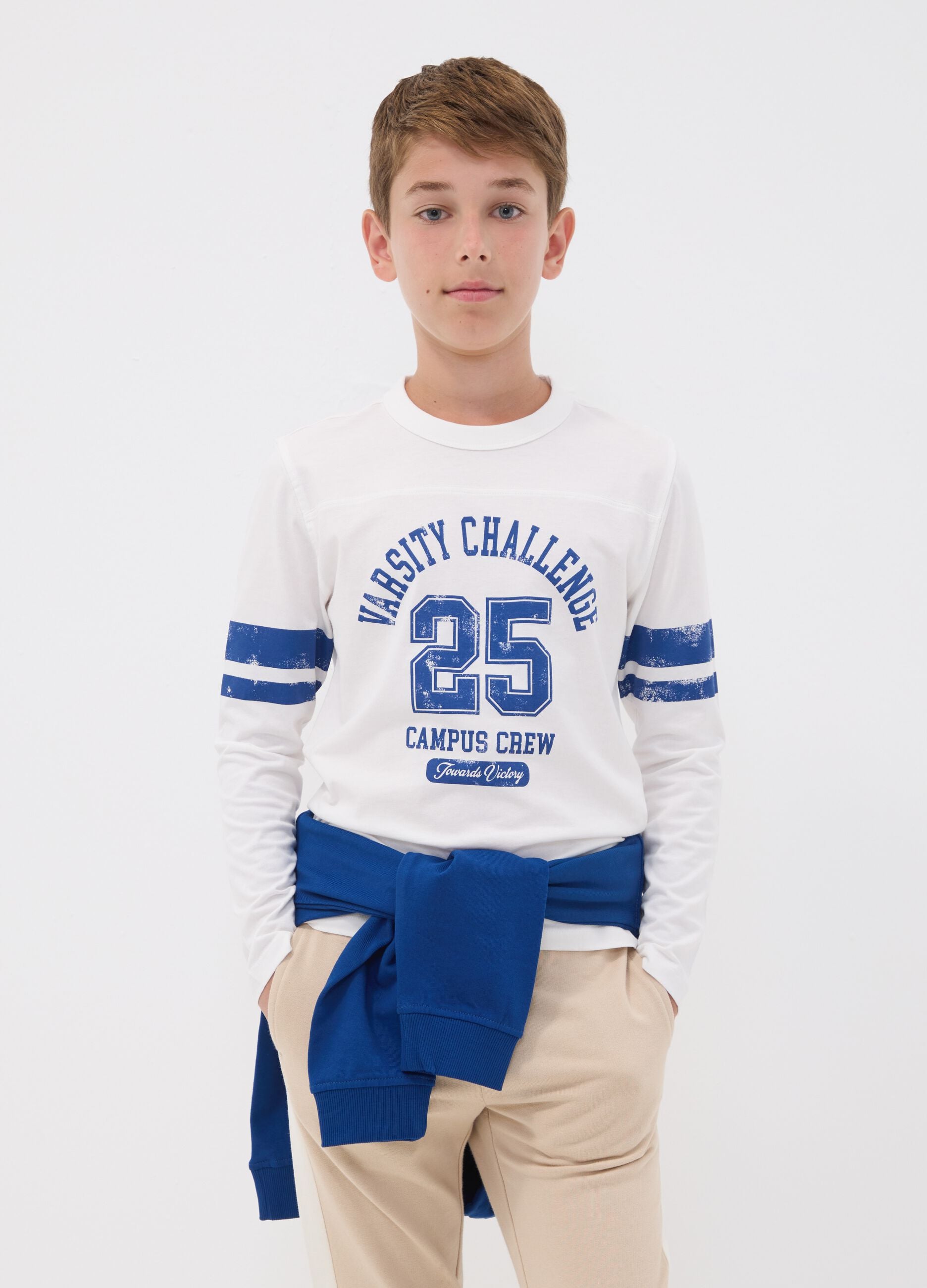 White organic cotton T-shirt with varsity print for boys