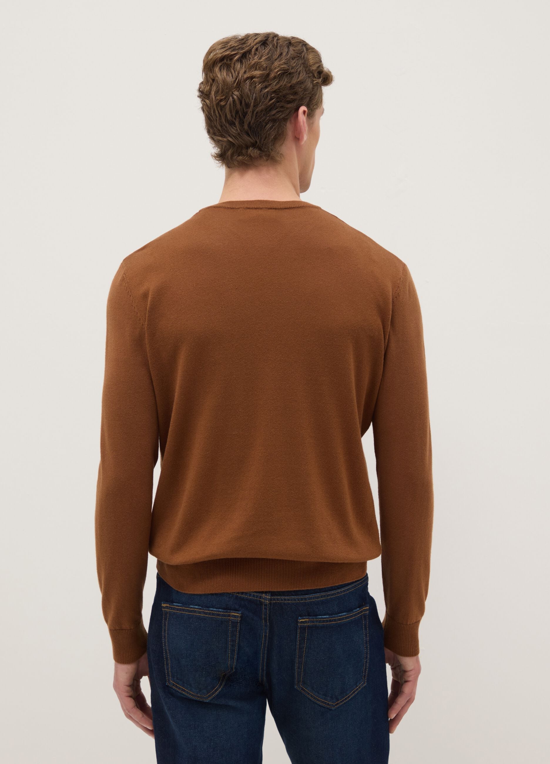 Brown crew neck pullover in regular fit cotton blend