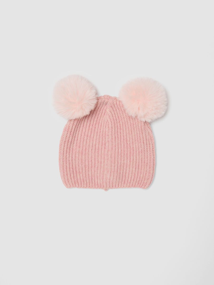 Pink ribbed wool-blend hat with two pom-poms_0