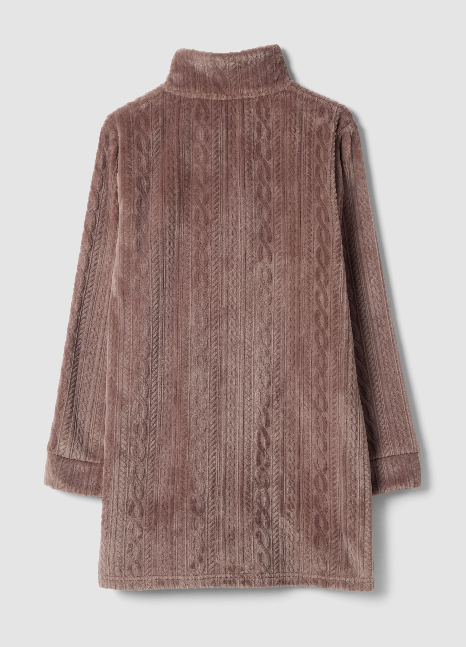 Pink zip-up dressing gown with cable-knit pattern