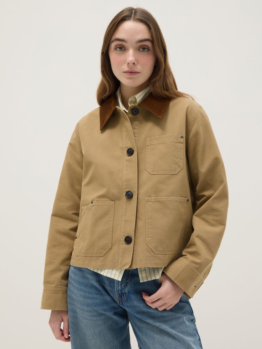 Regular fit beige pure cotton jacket with contrast collar_0