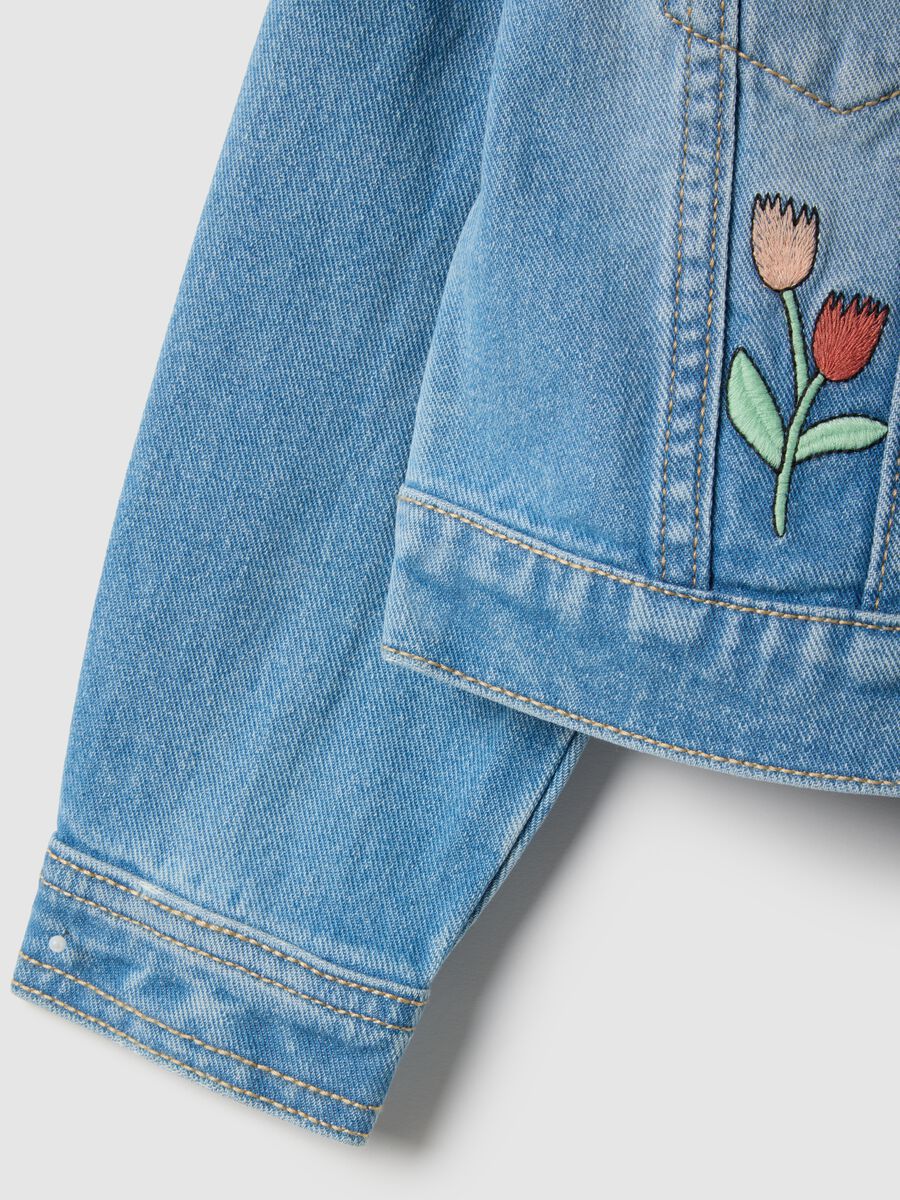 Blue regular fit pure cotton denim jacket with embellishments_2