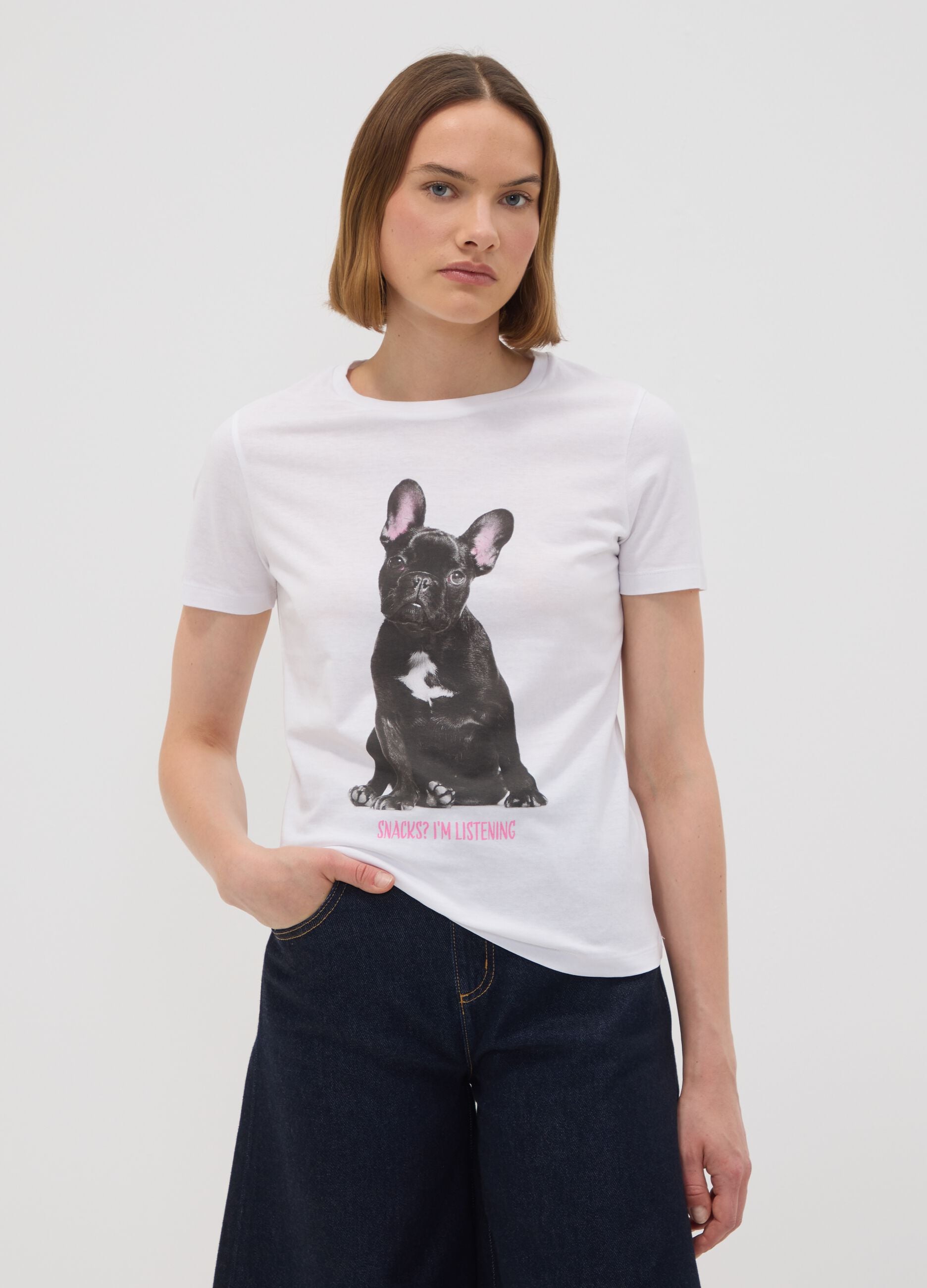 White pure cotton crew-neck T-shirt with puppy print, regular fit