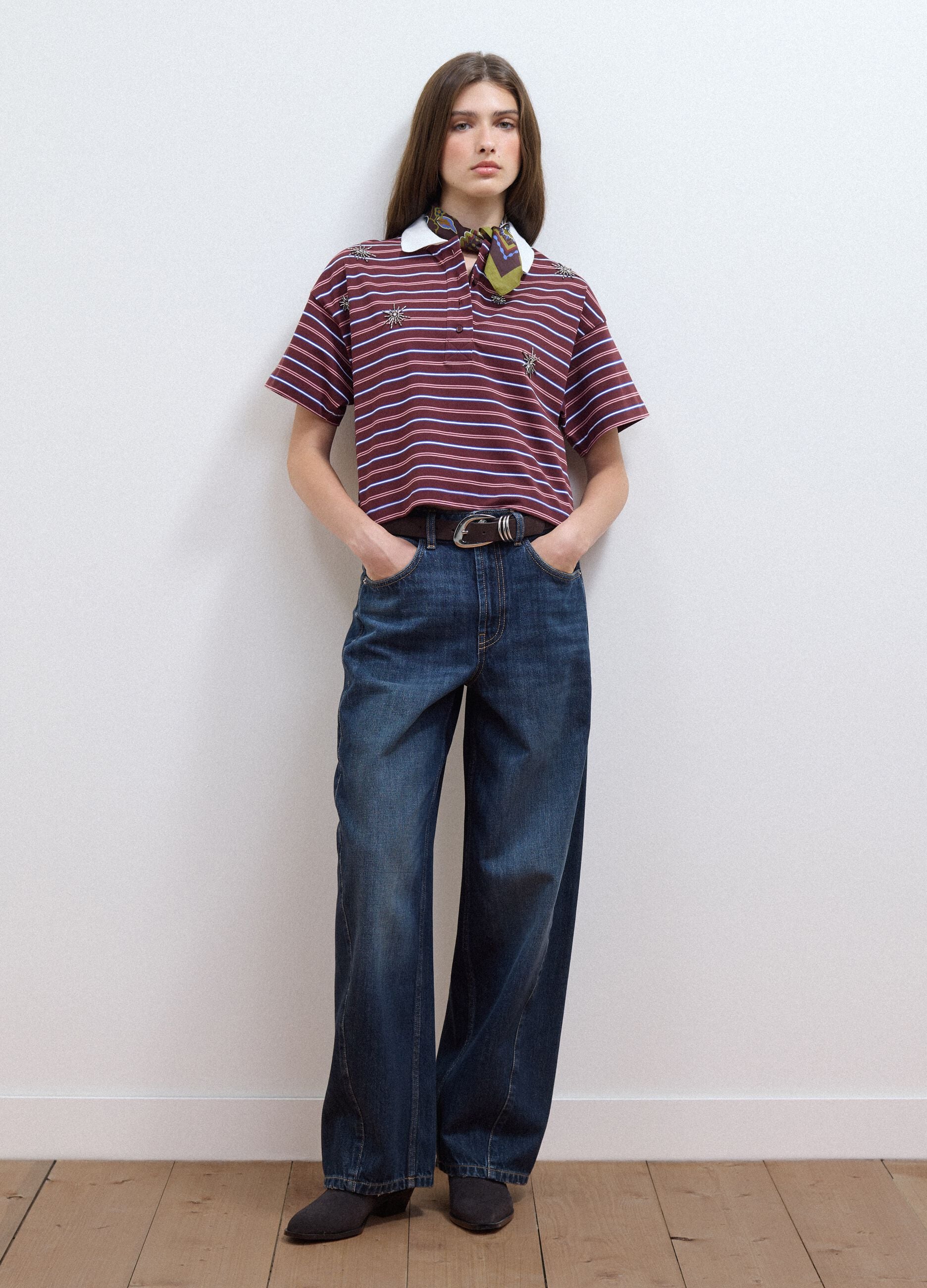 Multicolour striped pure cotton polo with oversized collar