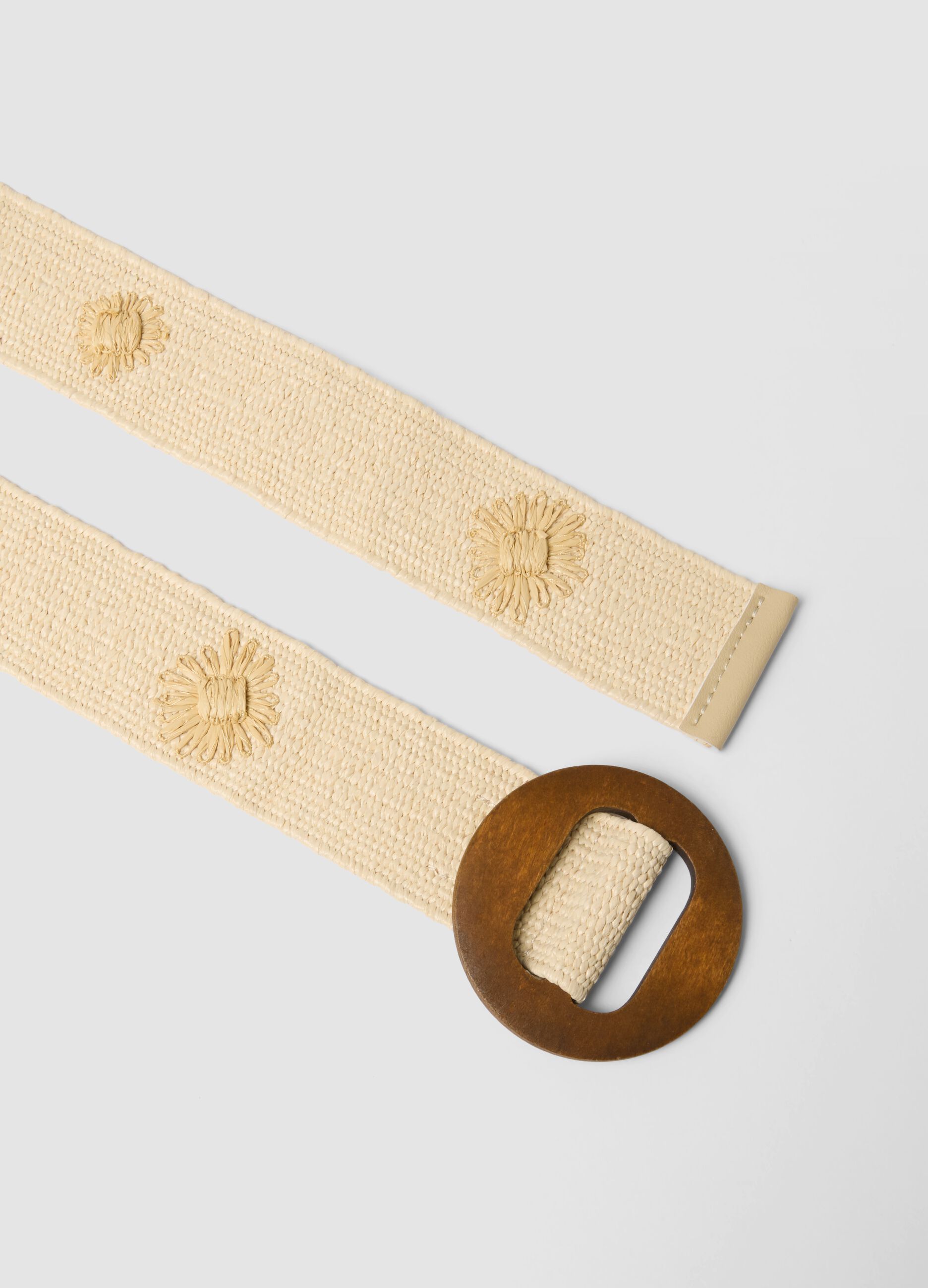 Beige woven belt with brown wooden buckle and embellishments