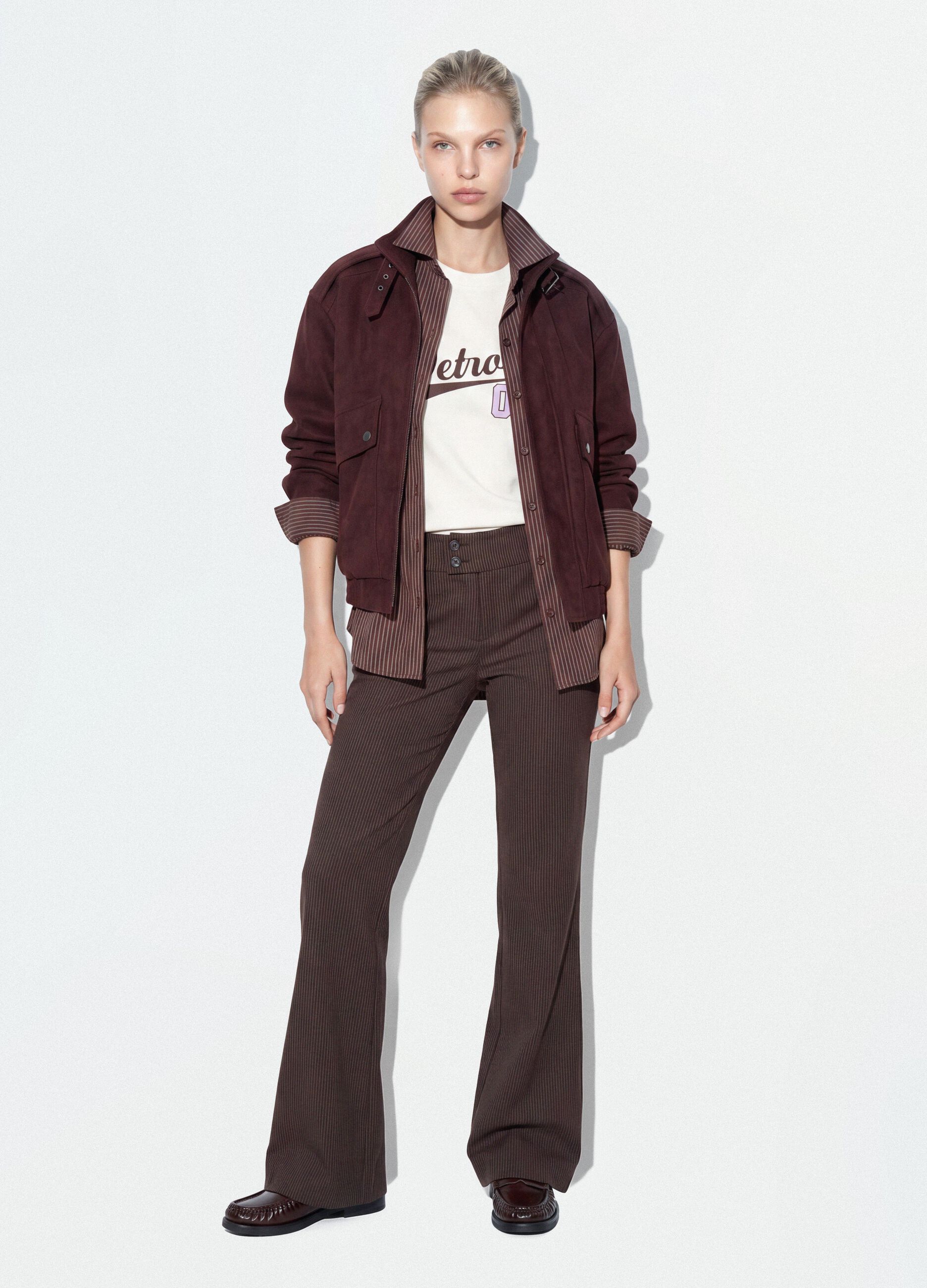 Brown flared trousers in stretch viscose with pinstripe pattern