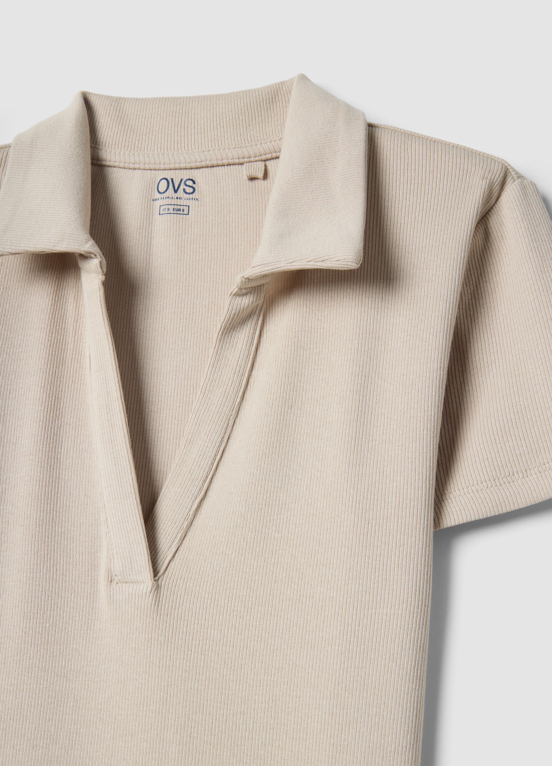 Beige Stretch Cotton Polo Regular Fit Deep V