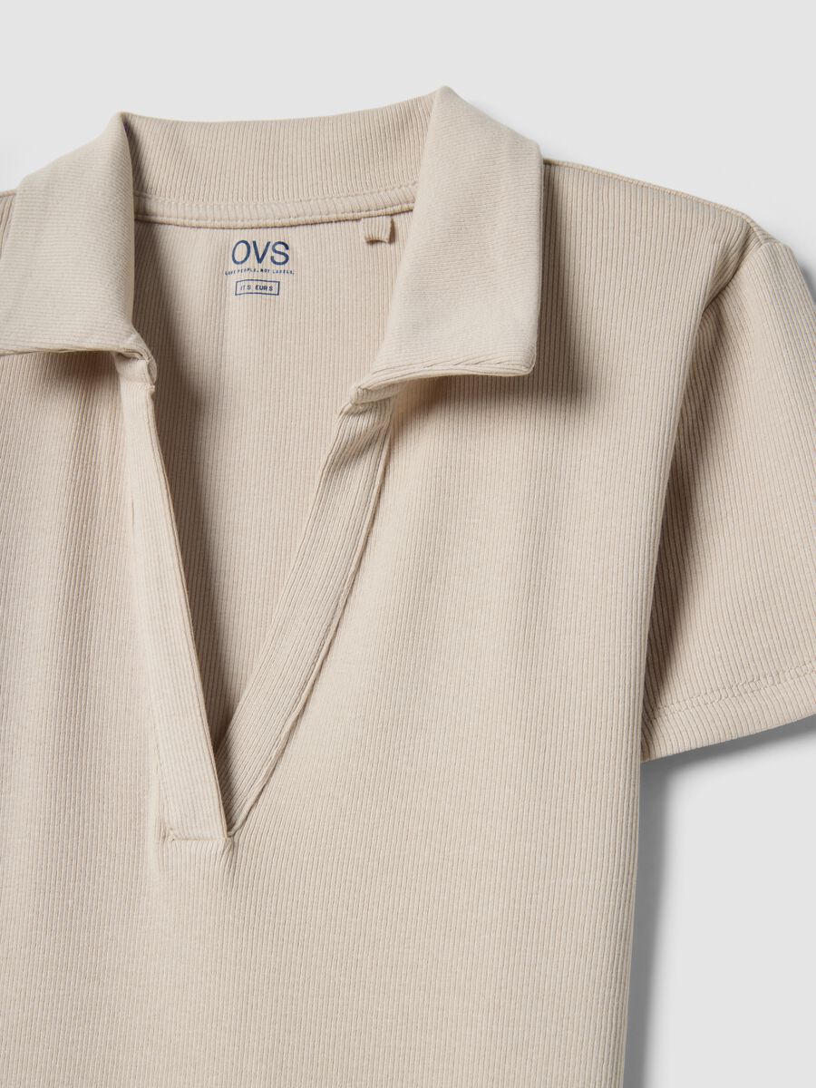 Beige Stretch Cotton Polo Regular Fit Deep V_5