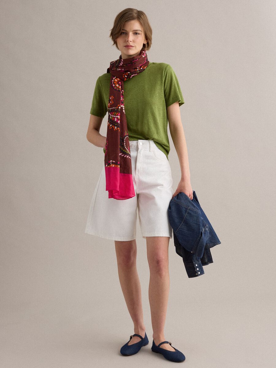 Foulard marrone e rosa in puro cotone con fantasia floreale_1