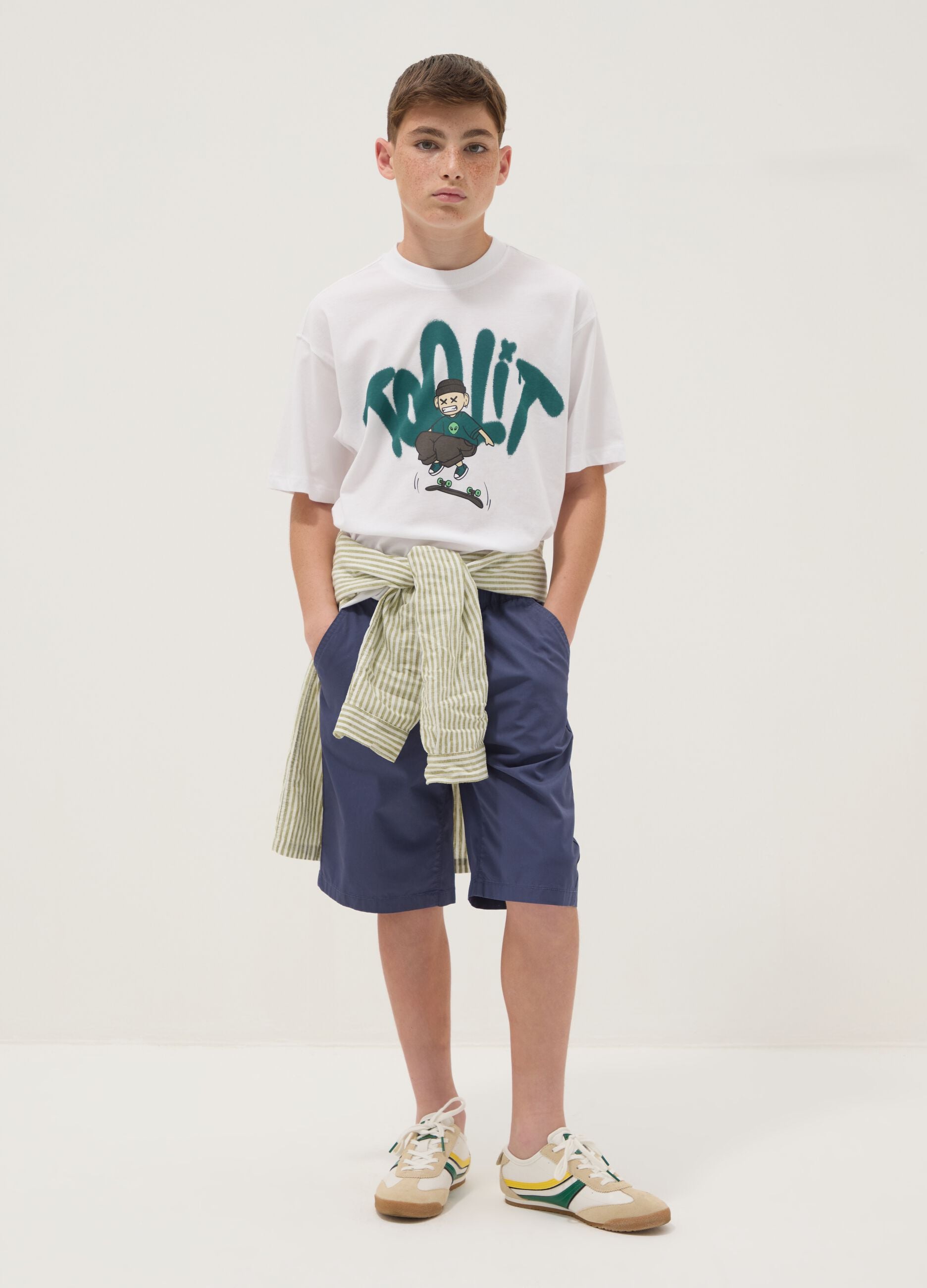 Shorts blu in puro cotone con vita elasticizzata regular fit