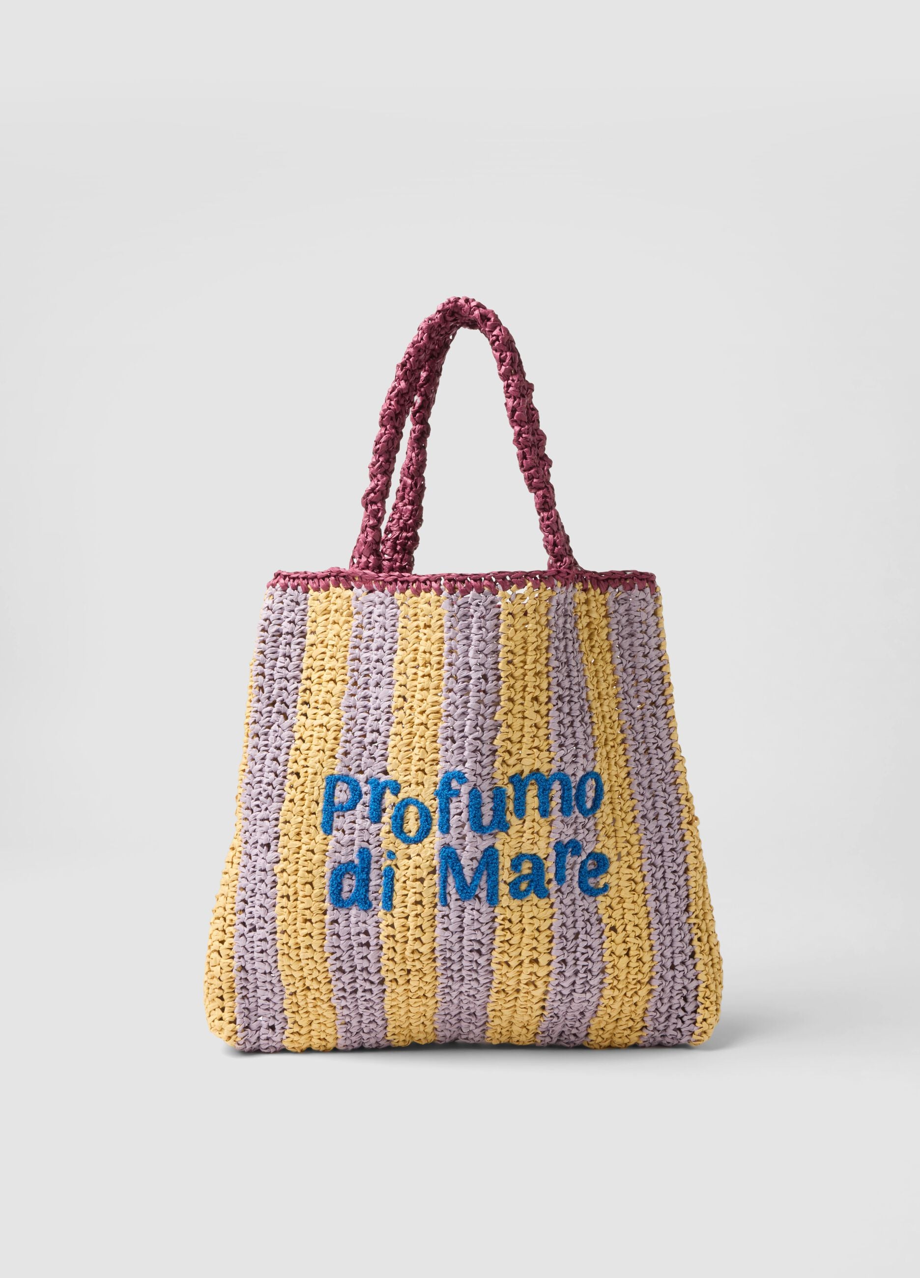 Multicolour striped beach bag in pure paper fabric with slogan