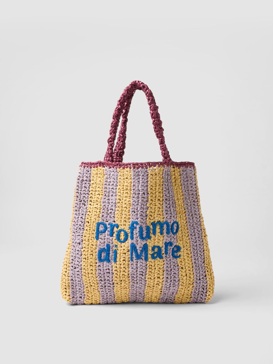 Multicolour striped beach bag in pure paper fabric with slogan_0