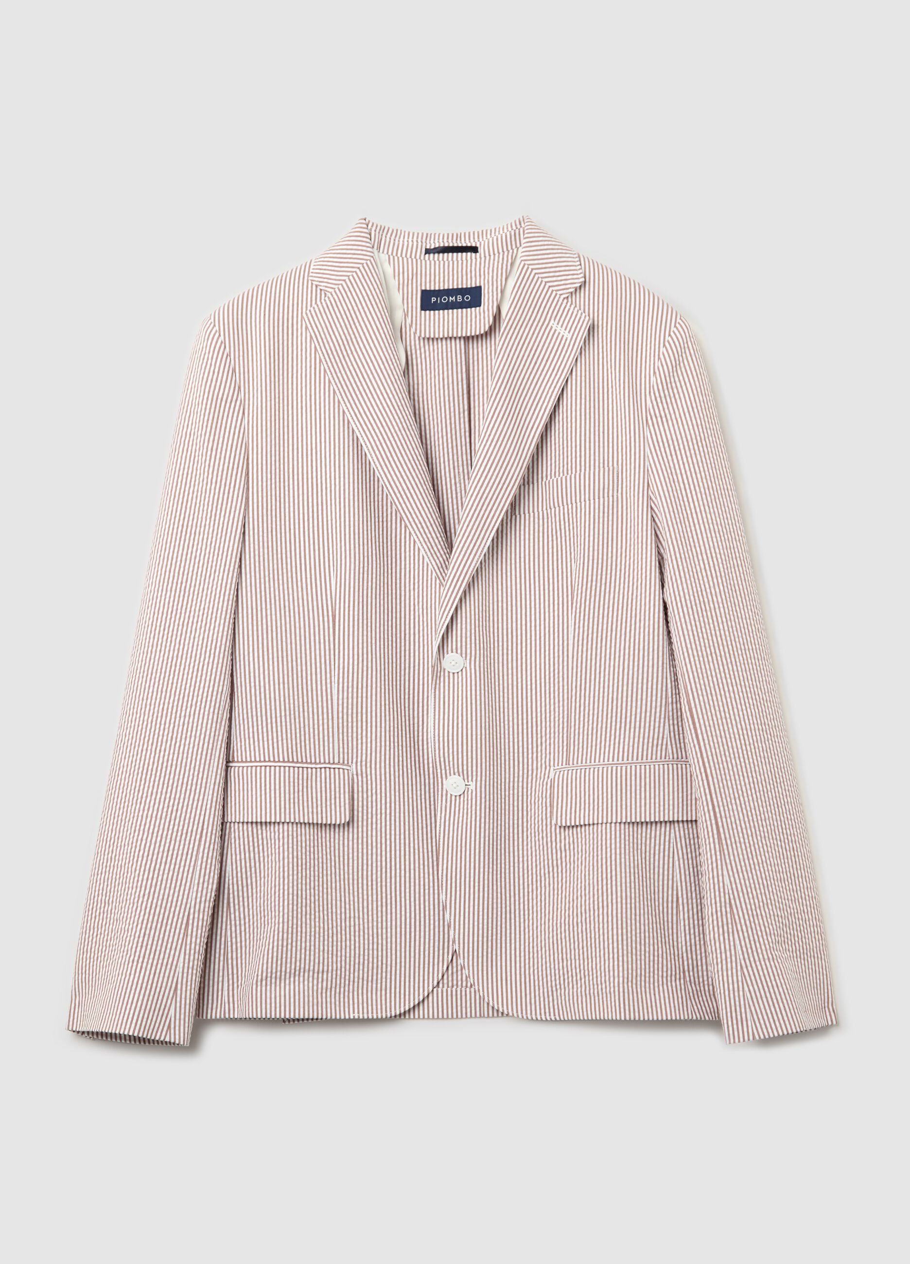 White and brown slim-fit blazer in striped seersucker