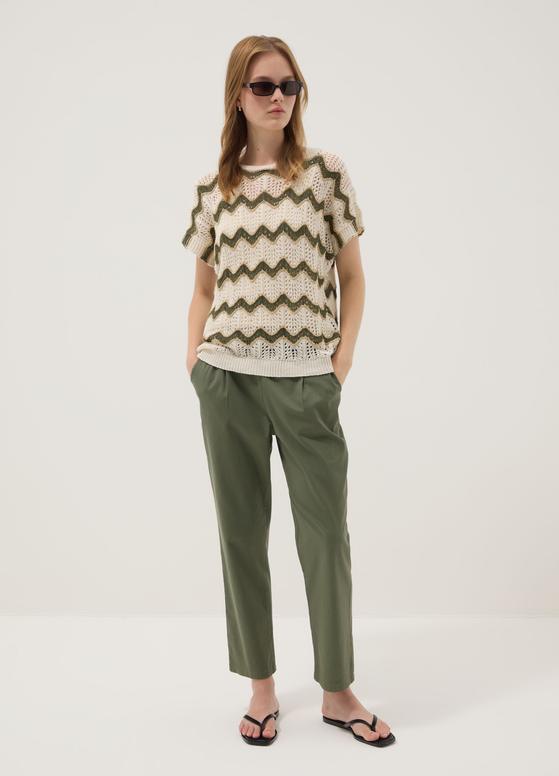Green stretch cotton trousers