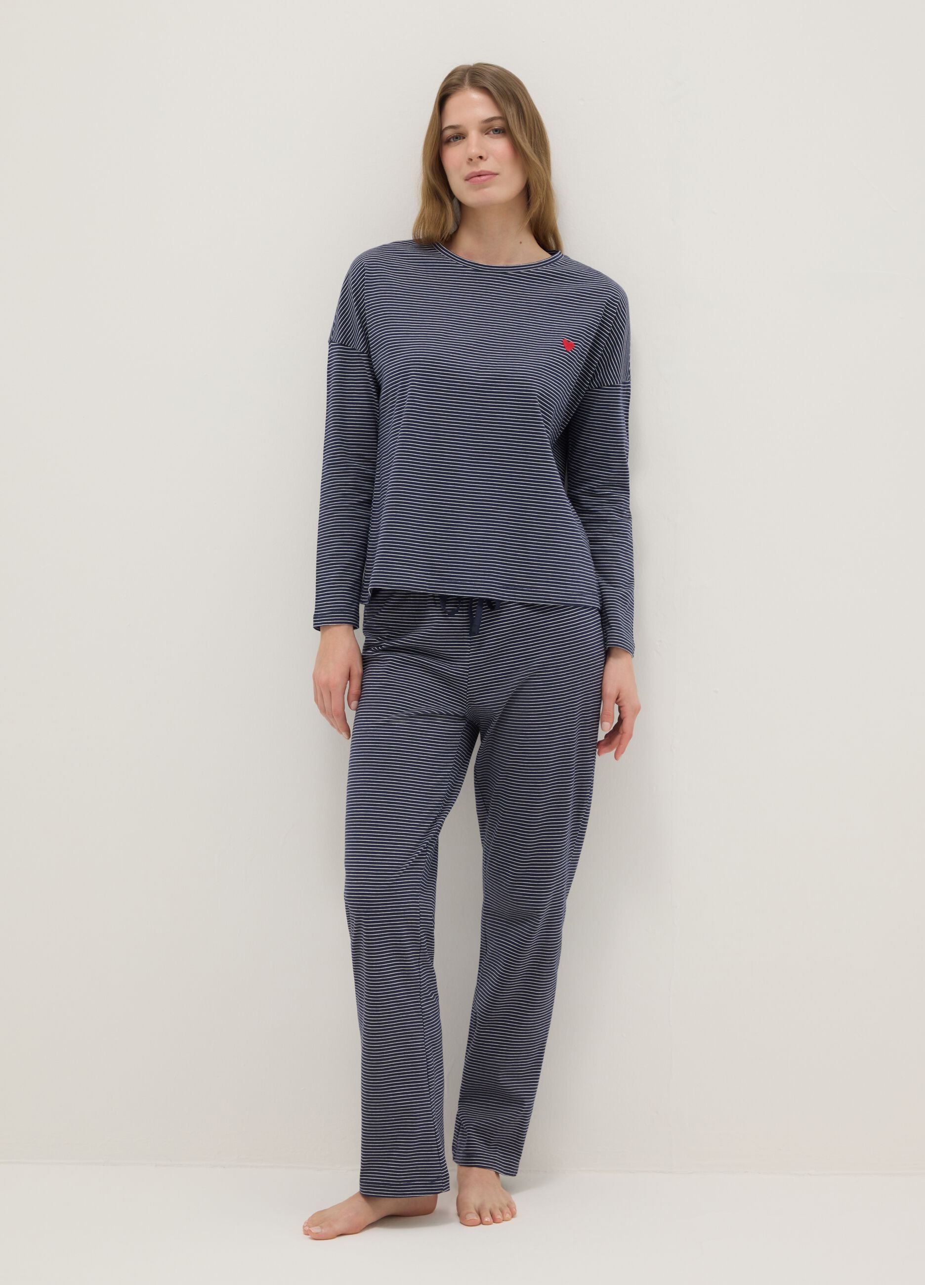 Pure cotton pajama top with multicolour stripes and heart, regular fit